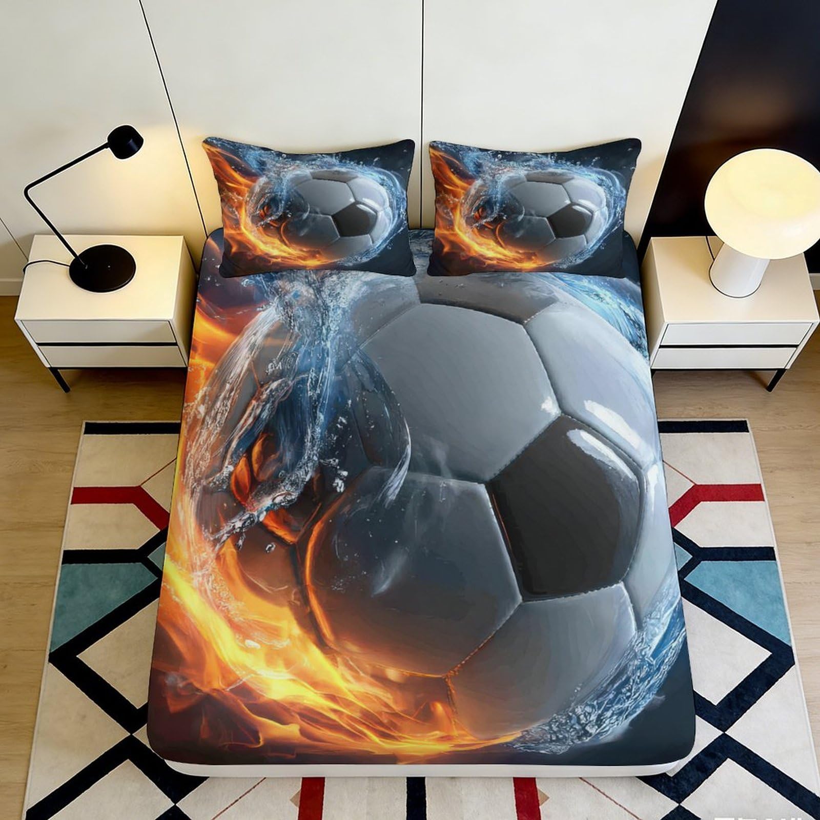 K1r3d9e5 Style-2 3D Printed Fire Soccer Fitted Sheet Microfiber Soft Anti-Slip Wolf Pattern Mattress Cover For Bedroom Dorm Home Decor 90X200x25cm