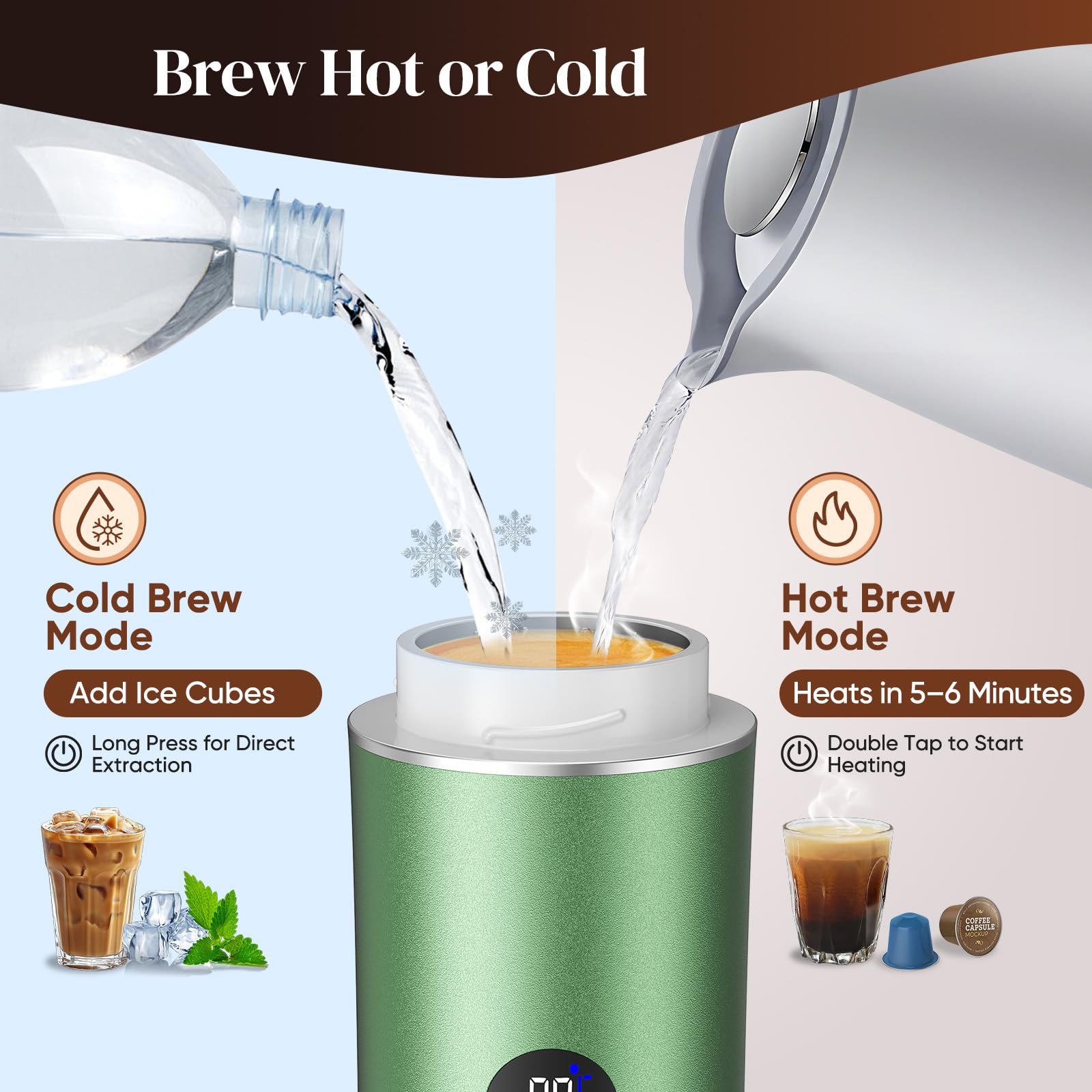 Macchina per caffè Espresso Portatile, Macchina per Caffè Elettrica 3 in 1, Caffettiera Portatile da Campeggio, Mini Autoriscaldante, Compatibile con Caffè Macinato e Capsule (Verde)