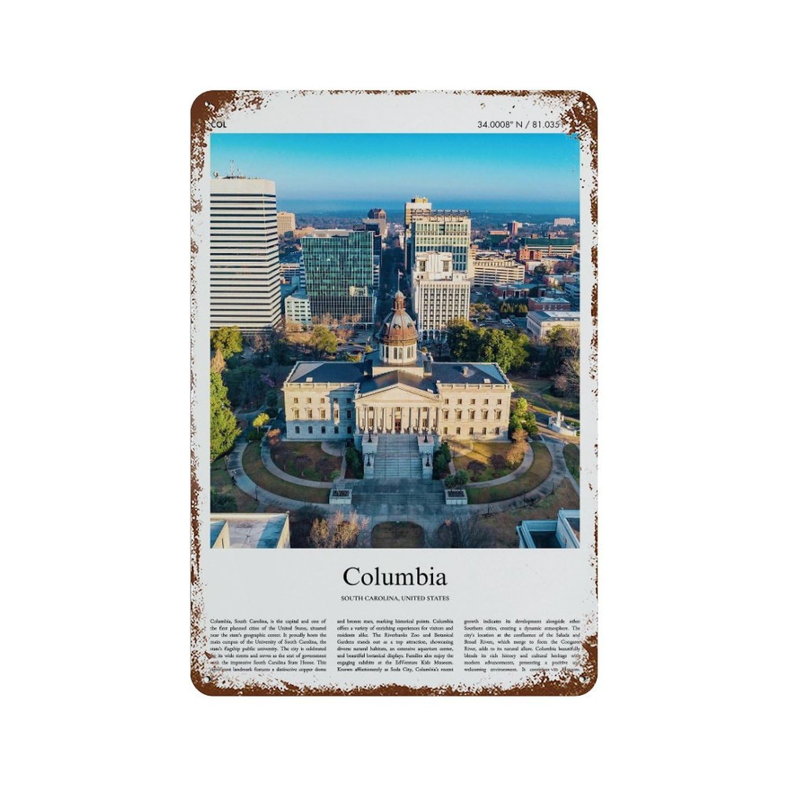 xiaoxiaoshen Columbia South Carolina, United States, USA City Scenery Wall Decor Art Metal Tin Poster Modern Home Decor Art Home Bar Shop Decorations Vintage Sign 30x20cm