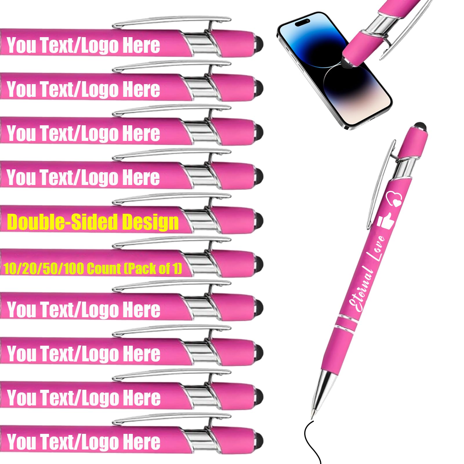 Personalised Gel Ink Rollerball Pens Bulk, Retractable Ballpoint Pens, Customised Laser Engraved Stylus with Name,Text,Logo Metal Ballpoint Pen Gift for Office Business School Hot Pink 10 PC โ image 1