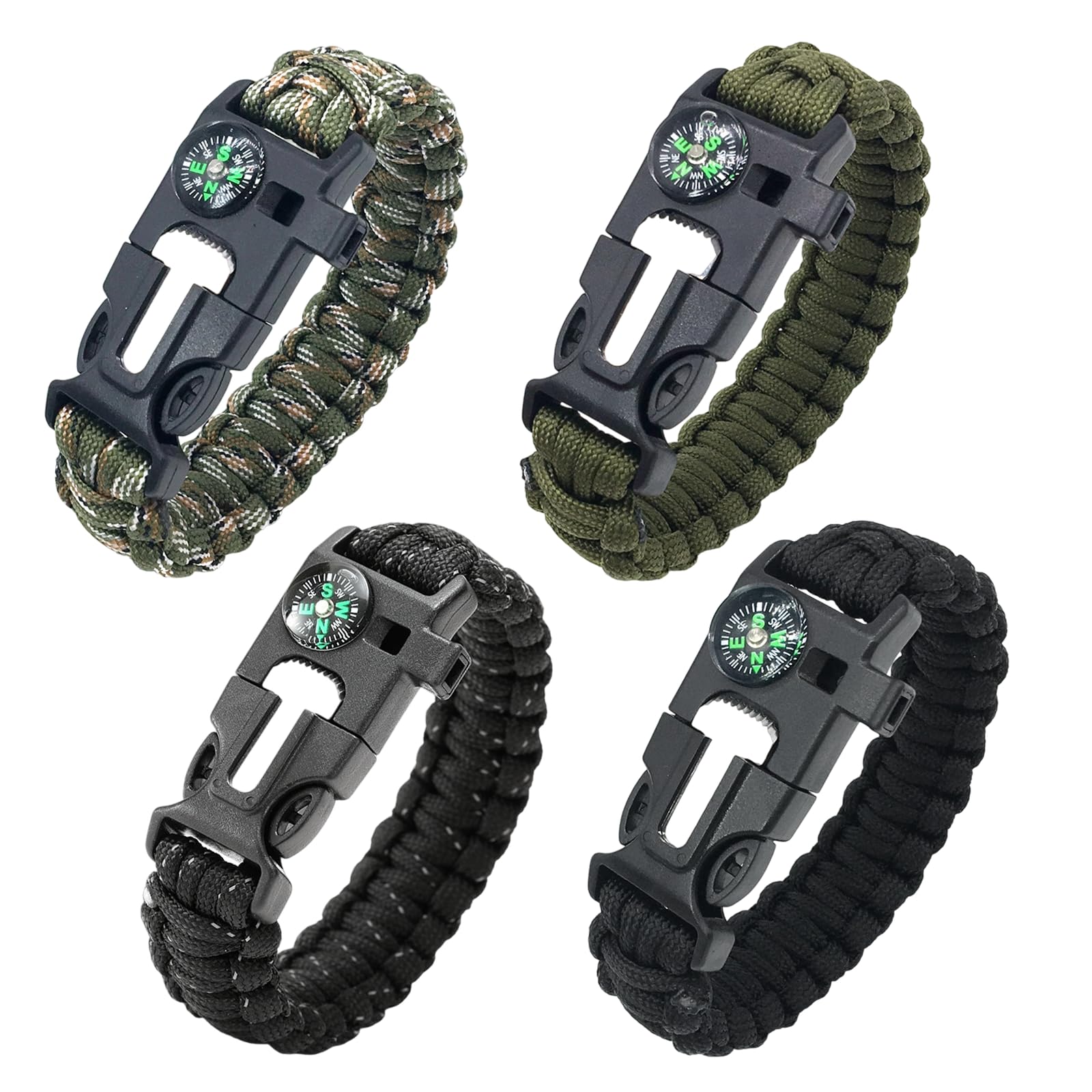 Generico Braccialetto Sopravvivenza,4 Pezzi Bracciale Sopravvivenza 5 in 1,con Flint,Bussola,Emergenza Coltello,Whistle e Paracadute Fibbia,per Escursionismo,Campeggio