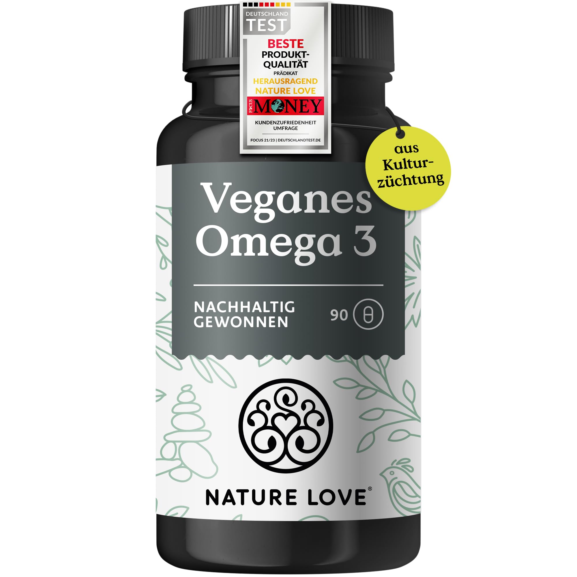 NATURE LOVE® Omega 3 vegan - hochdosiert mit 1.444 mg Algenöl pro Tagesdosis - 90 Kapseln - nachhaltig, laborgeprüft, produziert in Deutschland