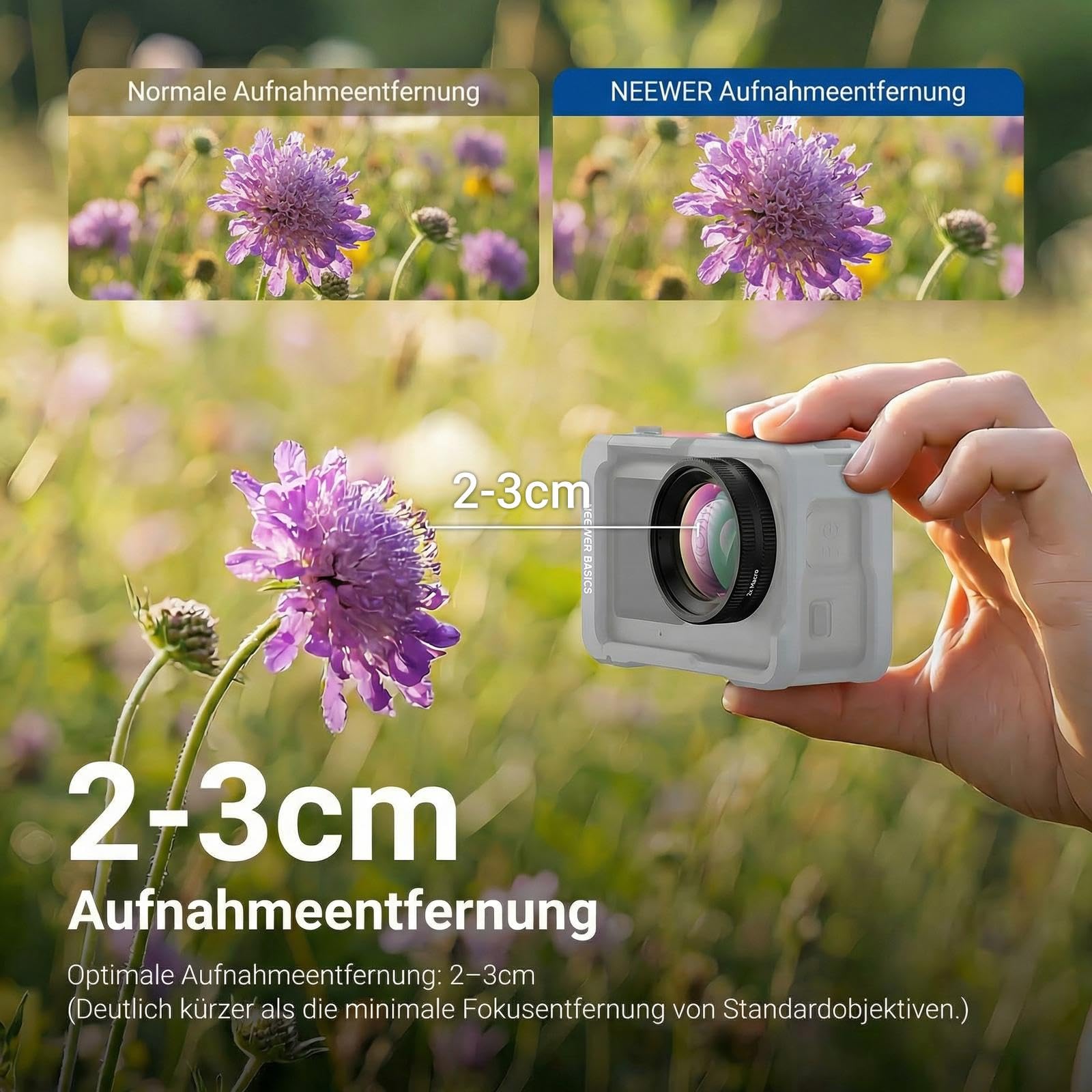 NEEWER Makroobjektiv kompatibel mit DJI Osmo Action 6 nur, Zubehör für Action Kameras zur Nahaufnahmetechnik mit 2XVergrößerung, 2 Elemente, 1 Gruppe, Fokusbereich 2–3cm, LS010