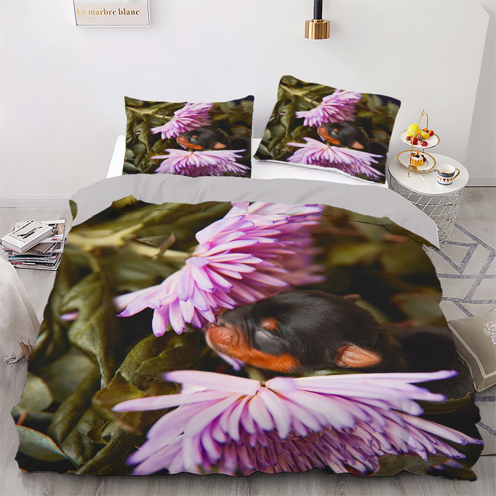 Housse de couette 140x200 fleur mauve fini la couette qui glisse avec le zip