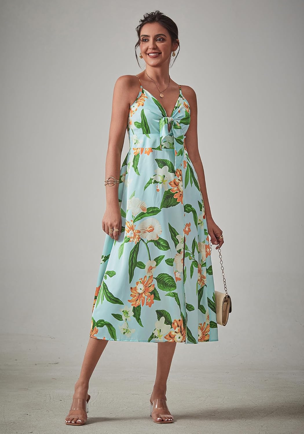 Fashionme Women Spaghetti Strap Midi Satin Dresses Tie Front Backless Slit Cutout Dress Semi-Formal/Casual Flowy Lightweight - Image 5