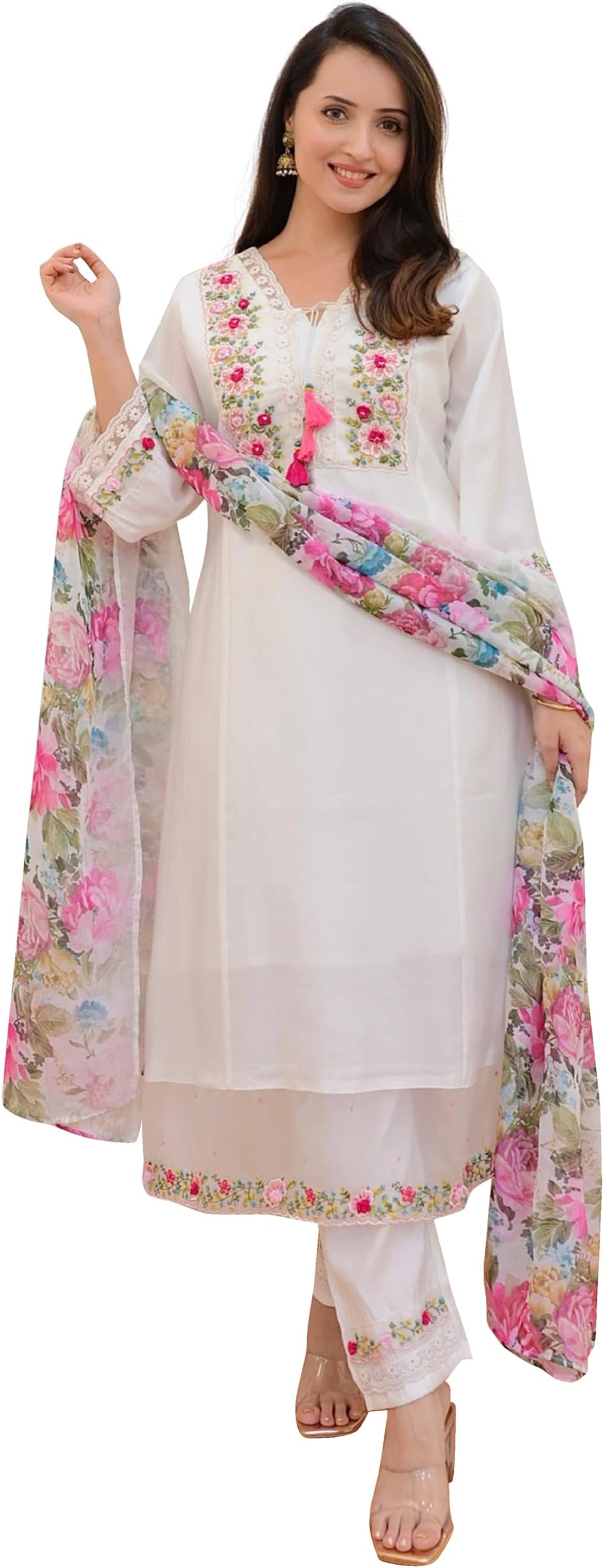 Women's Viscose Silk Embroidery A-line Kurta Pant Salwar Suit Set Kurta Set for Women