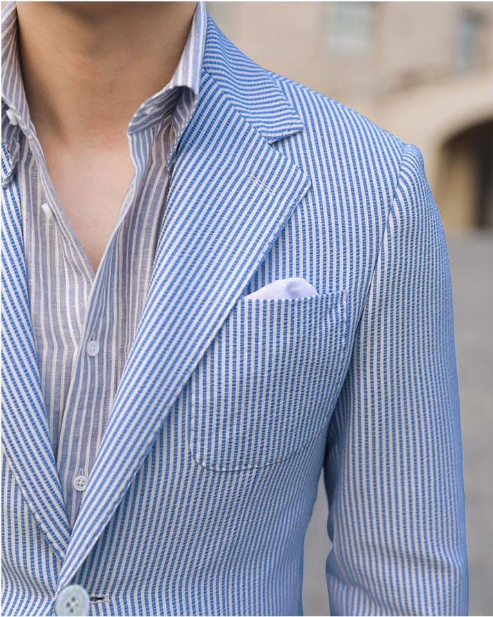 Leisure Seersucker Men Summer Suits Jacket Blue Formal Regular Fit Blazer Breathable Outfit2