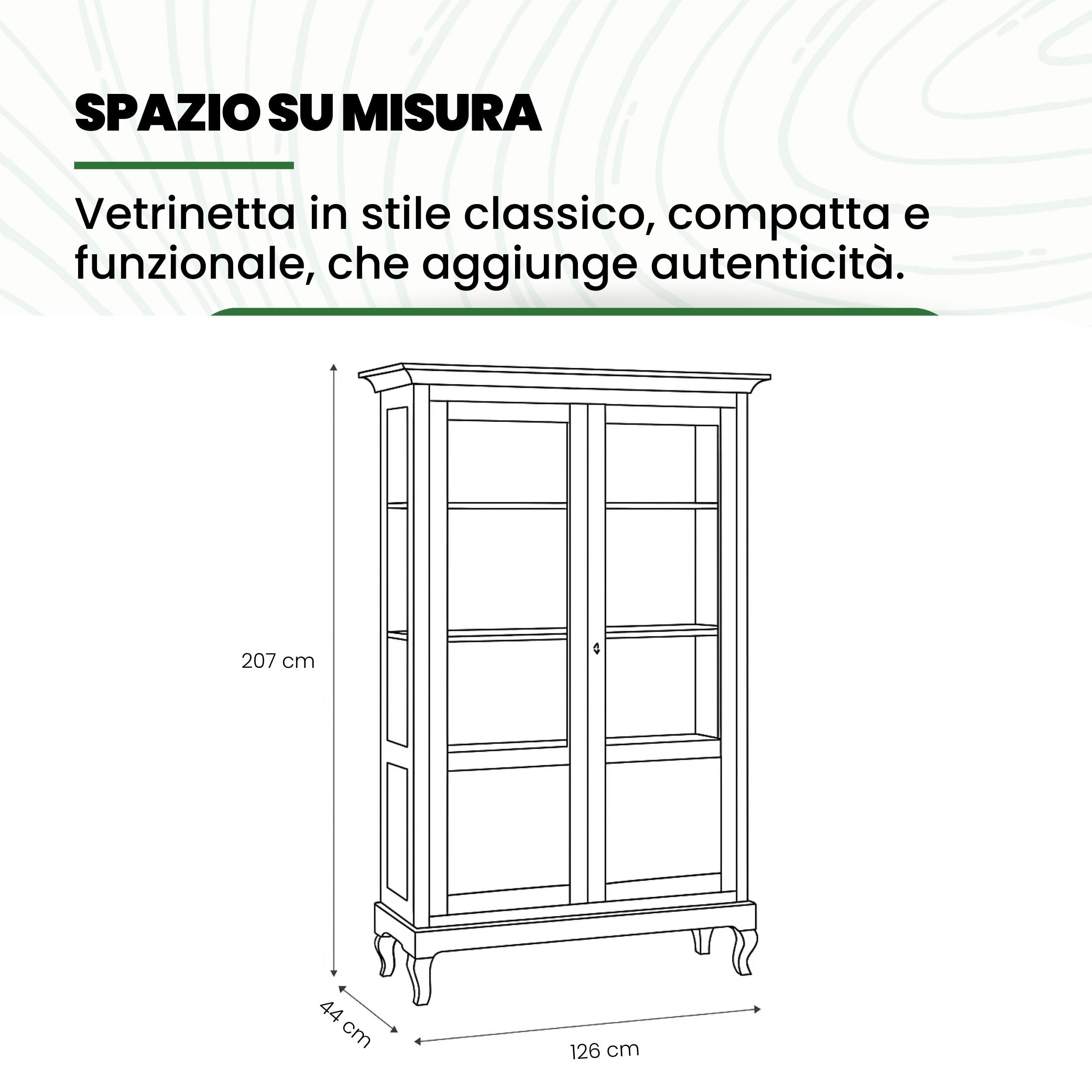 Mar.c.a. Design - Vetrinetta Arte Povera in Legno 126x44x207 cm - 2 Ante Vetro con Piedini - Made in Italy