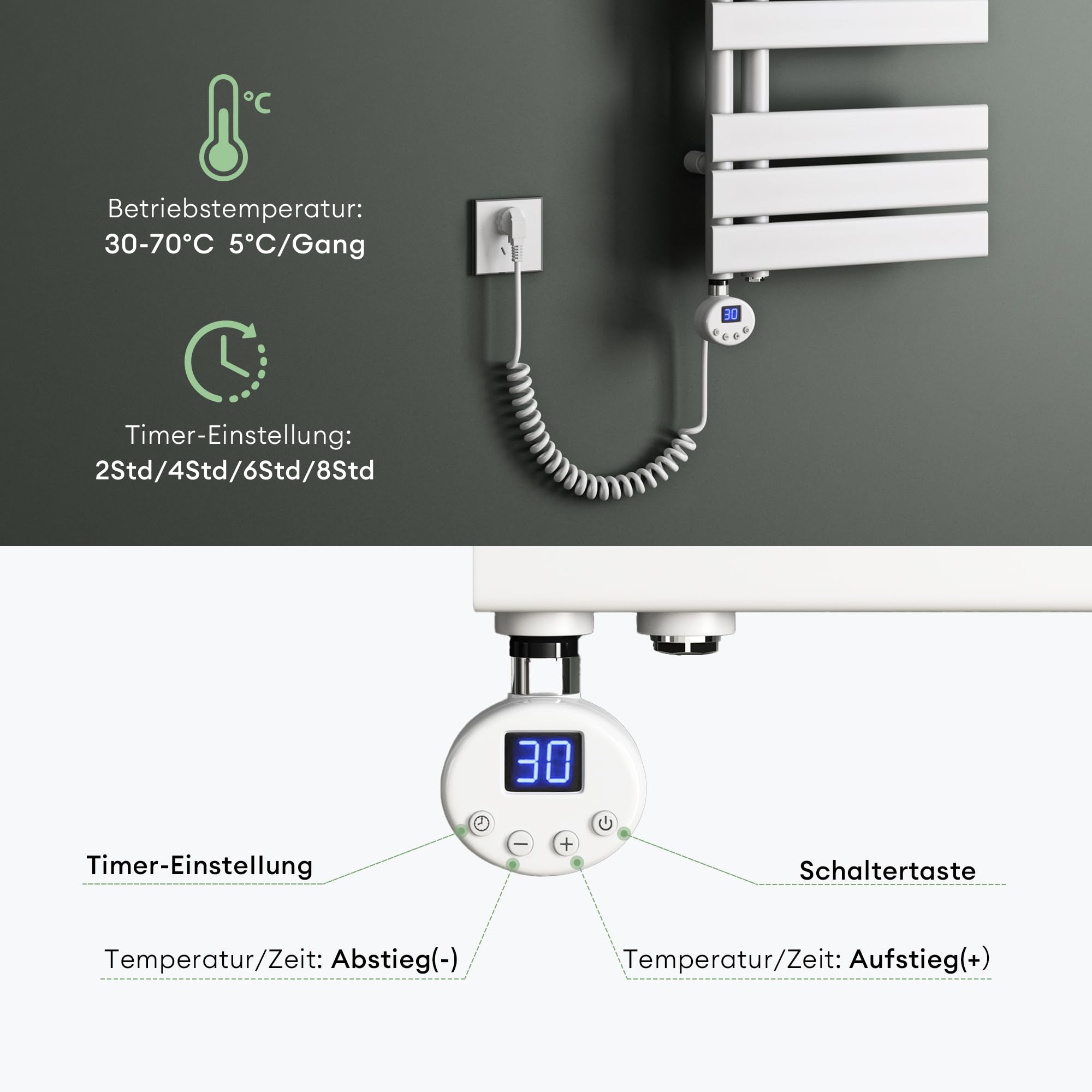Mai & Mai Radiador de Baño Eléctrico 131x50 cm en Blanco Conexión lateral Toallero Calentador de Toallas Calefacción de Baño con Barra Calefactora 1000W