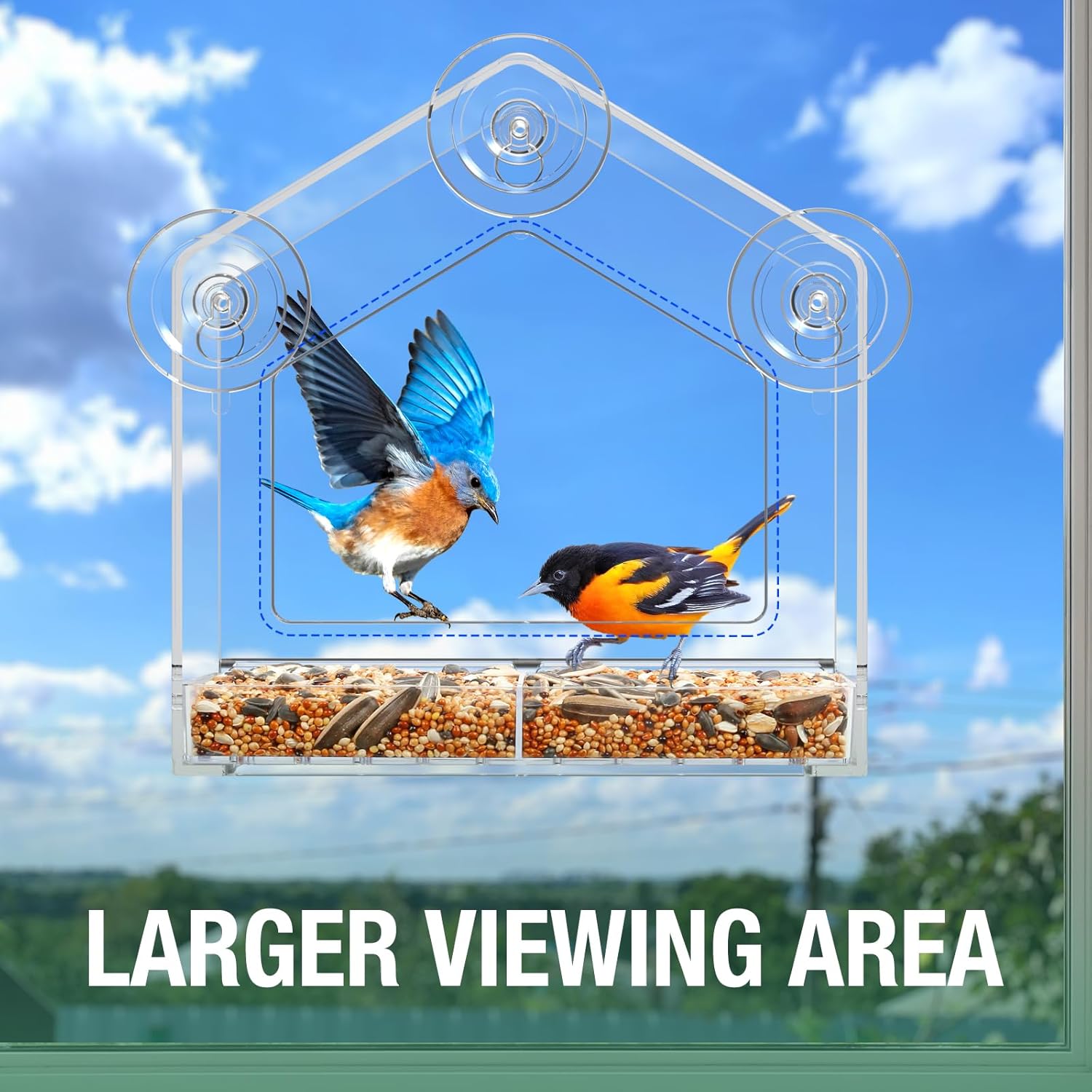 Window Bird Feeder with Strong Suction Cup and Self-Adhesive, Clear Window Birdfeeder for Larger Viewing, Squirrel-Proof Window Bird for Cats Outdoors Large Seed Feeder