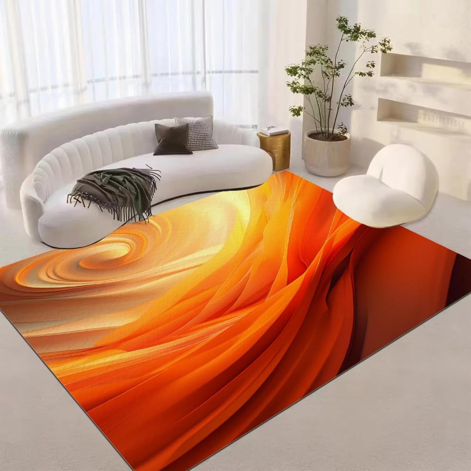 Abstract Orange Brown Swirl Rugs, 2.6×5ft Area Rugs, Living Room Rug, Mid Century Rug for Bedroom, Modern Non Slip Low Pile Small Carpet for Kids Room Playroom Nursery Dining Room Office