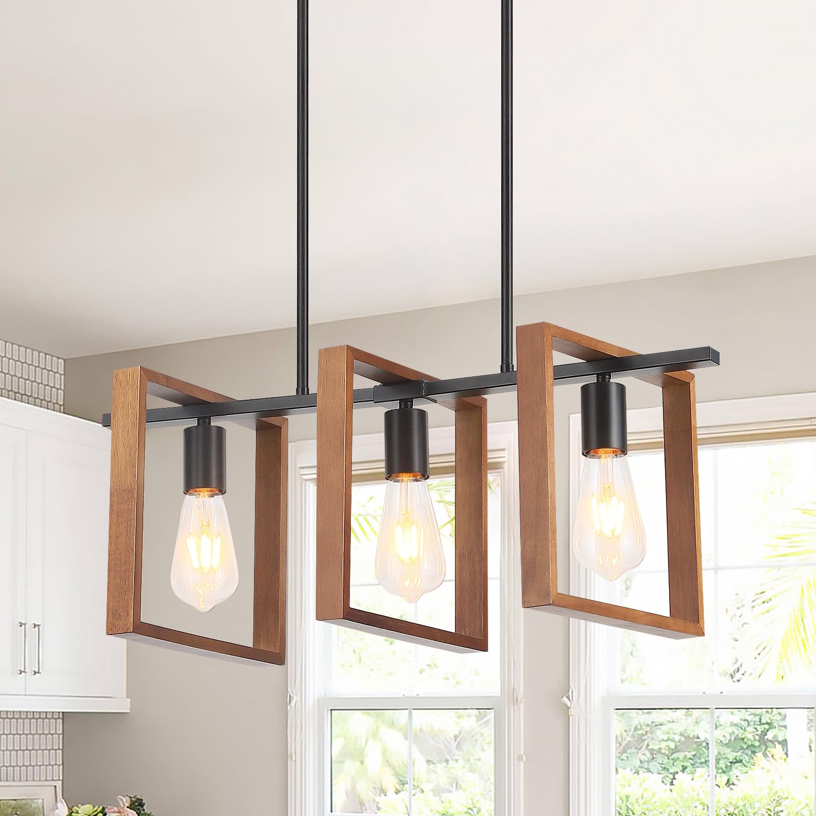 HTsilphelene Kitchen Island Lighting,Dining Table Chandelier, Rectangle Island Light for Dining&Living Room, Foyer Hallway 3 Heads Wood