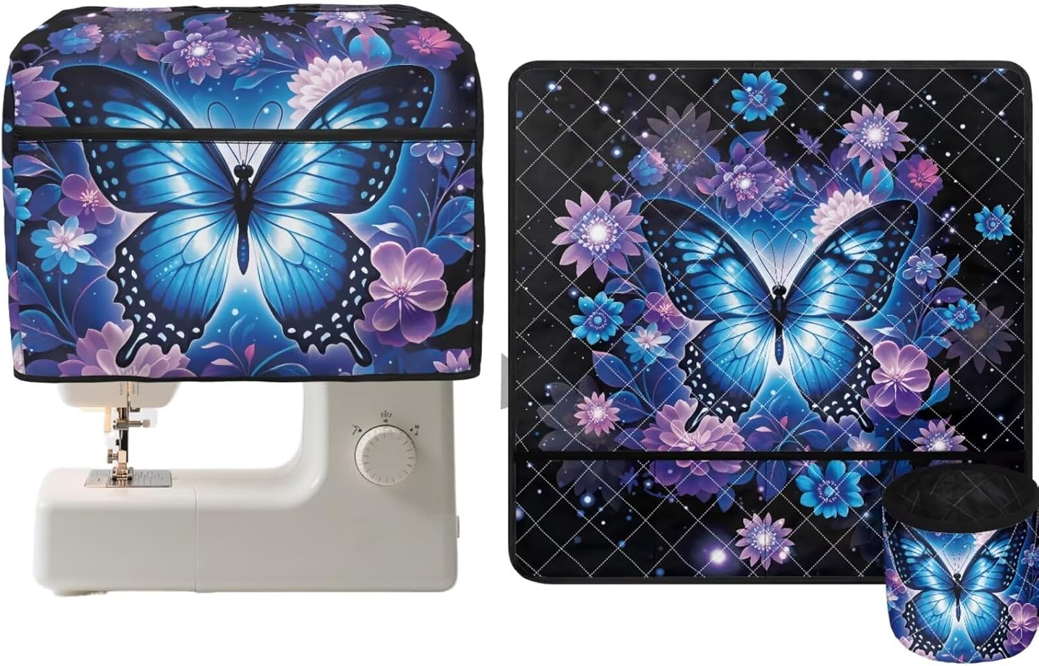 Sarogrorin Dreamy Blue Butterfly Set of 2 Sewing Machine Protective Dust Cover and Sewing Machine Pad for Table Flowers Home Sew Class Decor with Storage Pocket