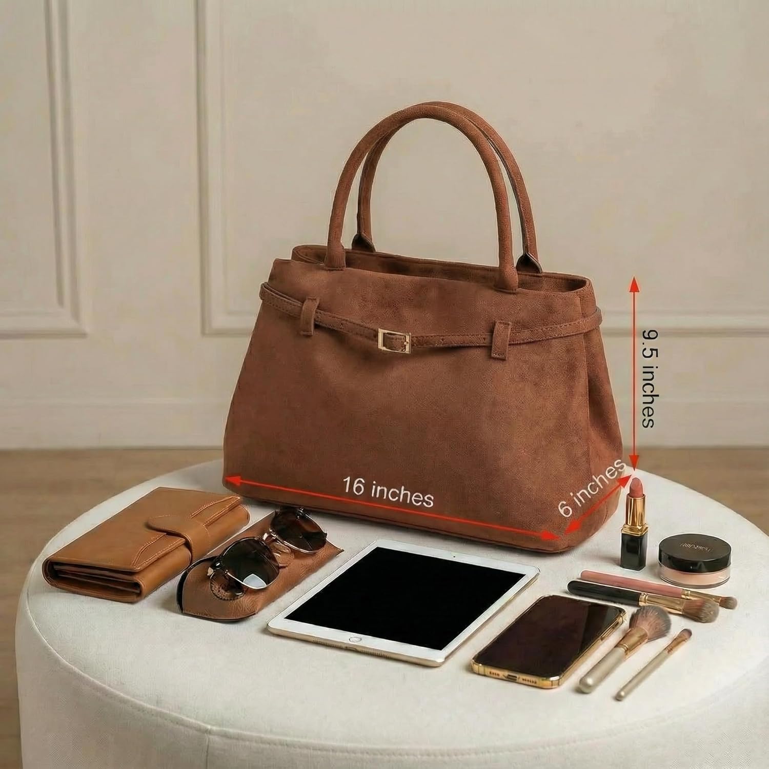 Base’ic Women’s Suede Tote Bag with Gold Hardware – Trendy Slouchy Shoulder Hobo Satchel Handbag Work Purse Travel Gift - Image 4