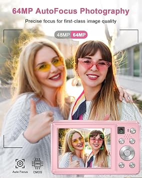 Digital Camera 4K 64MP Camera Double Camera with Auto Focus Flash 16X Zoom Anti-Shake 32GB Card Compact Vlogging Camera for Children Teenagers Adults Beginners Pink