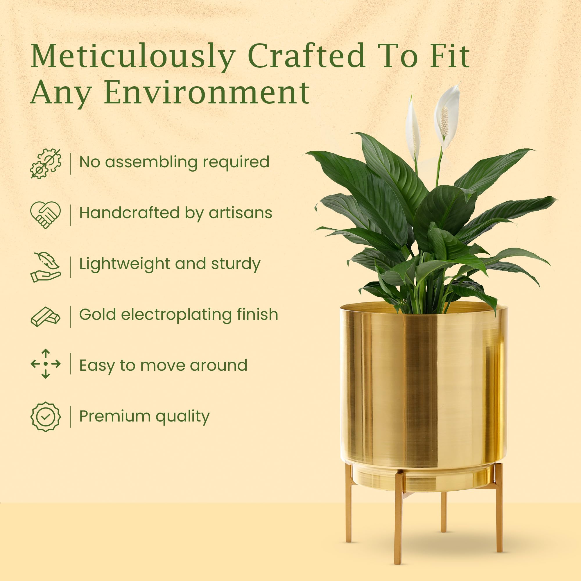 HomeShastra® Ember Gold Metal Planter with Stand | 10 Inch (Height) by 7 Inch (Dia) | Planters for Living Room, Bedroom Dec (Pack of 1) 3