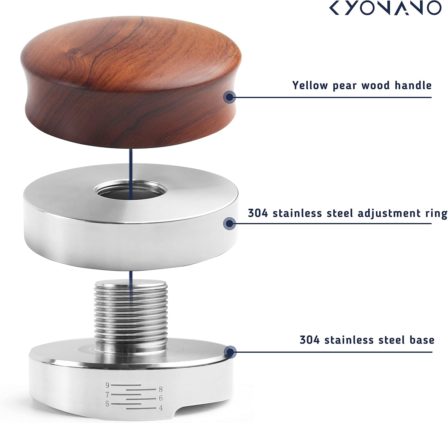 KYONANO Dalbergia Odorifera Wooden Coffee Distributor 51mm - Espresso Distributor with Adjustable Depth Scale - Coffee Distribution Tool - Fits for 51mm Delonghi Portafilter