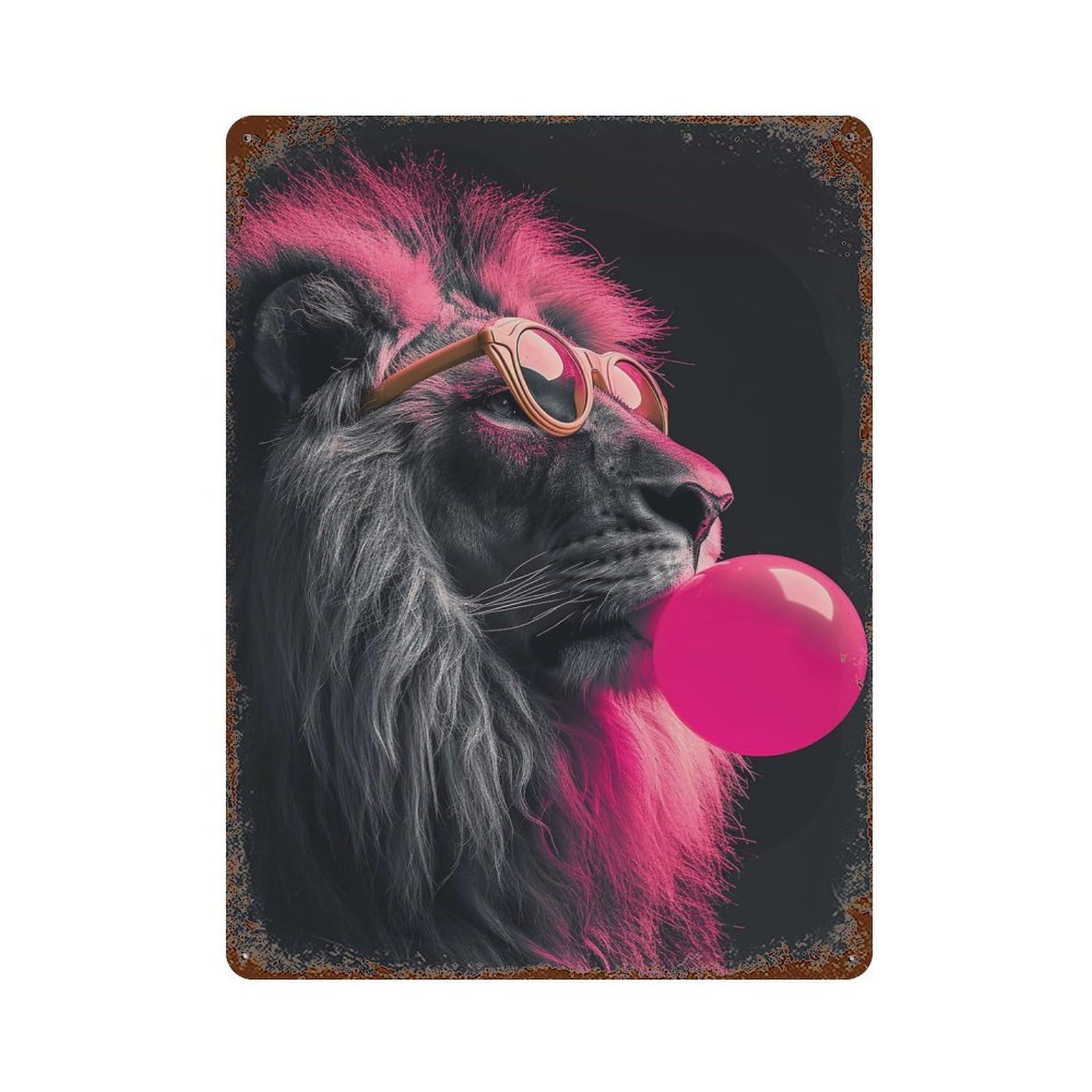 Aged Metal Wall Plaque with Lion Funny Animals Design 15.7"x11.8", for Cafe, Home Bar And Lounge Decor, Novelty Wall Decor