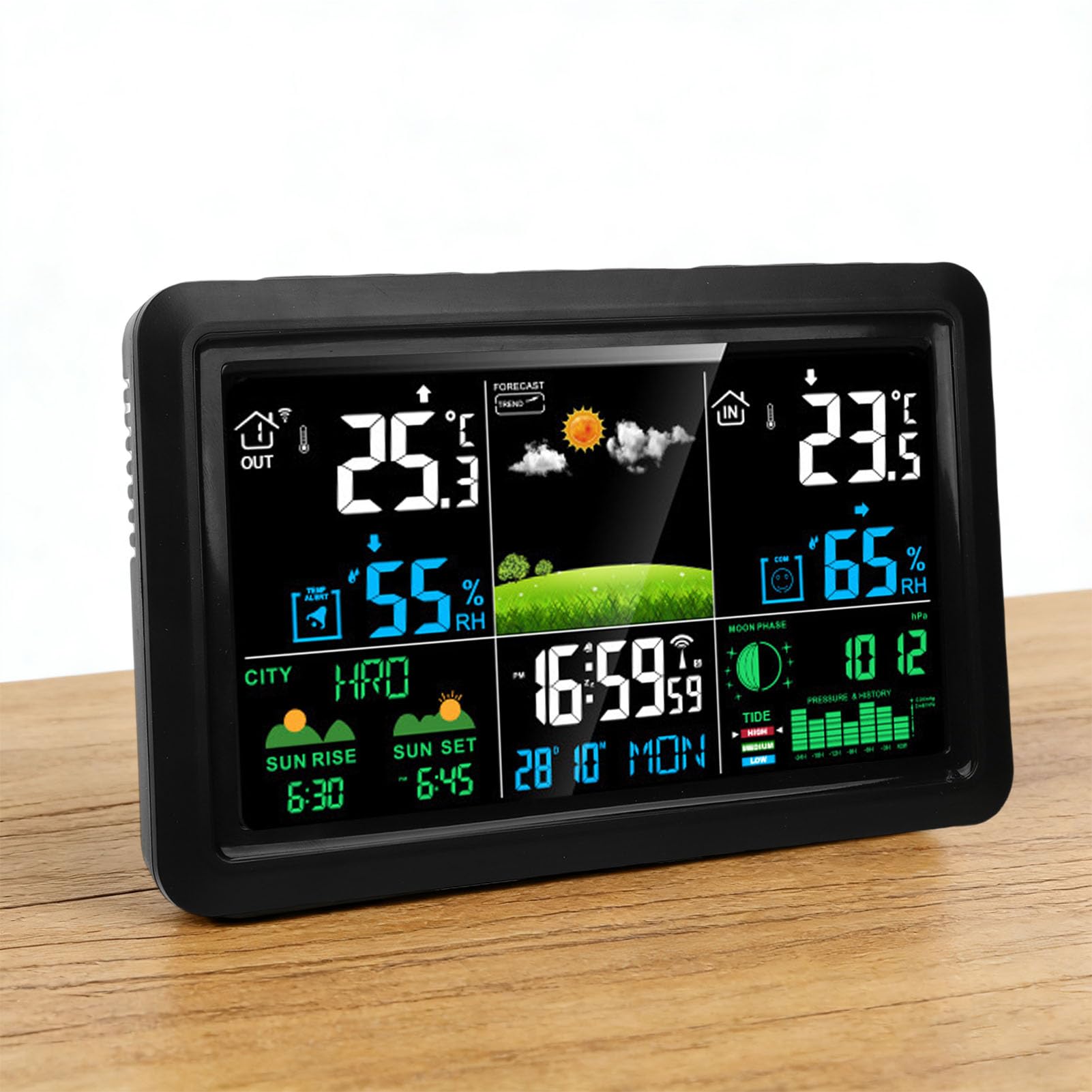 Luocute Stazione Previsioni Meteo, Termometro Esterno Wireless per Interni con Display a Colori HD da 7,5 Pollici, Orologio Atomico, Multifunzionale per Uso Domestico (Spina europea)