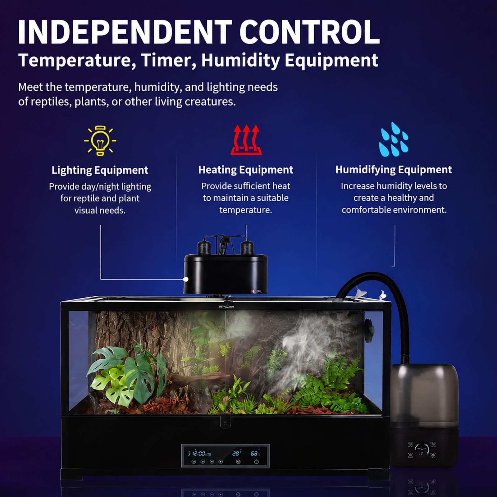 Inteligentne wielofunkcyjne terrarium dla gadów z ekranem dotykowym regulacją temperatury wilgotności i zegarem, stosowalne szklane wiwarium dla agamy brodatej, żółwi, kameleonów, jaszczurek(Large)