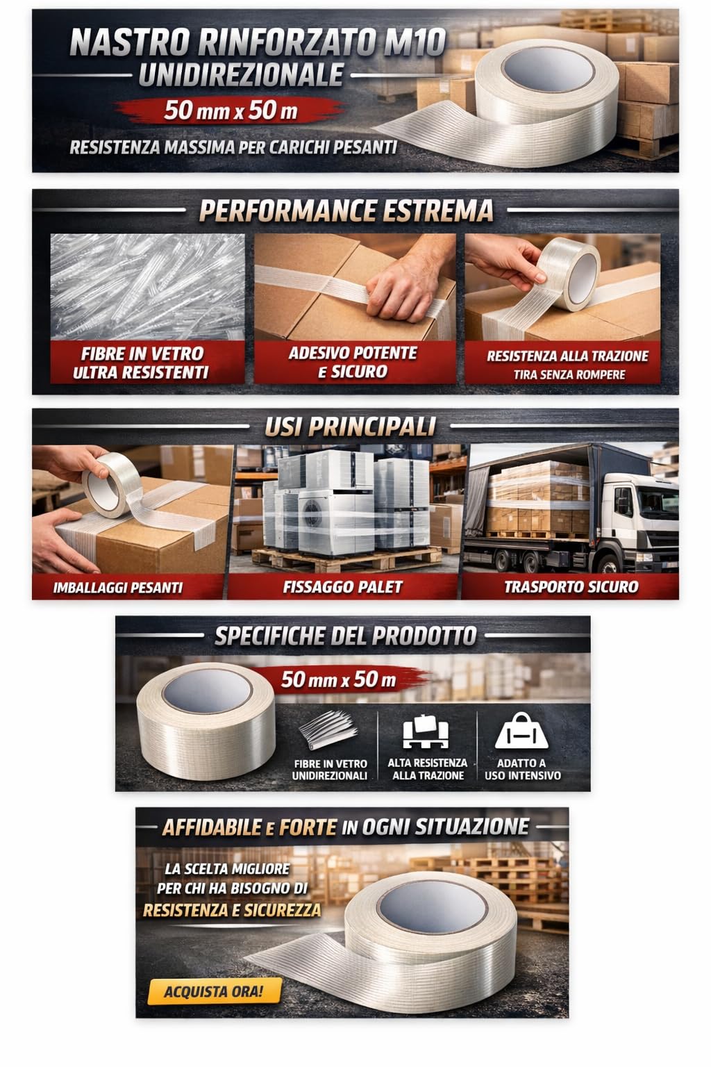 Nastro Adesivo Rinforzato M10 Unidirezionale, Fibre in Vetro, Trasparente, 50 mm x 50 m, Alta Resistenza alla Trazione per Imballaggi Pesanti, Pallet e Fissaggi Industriali (6)
