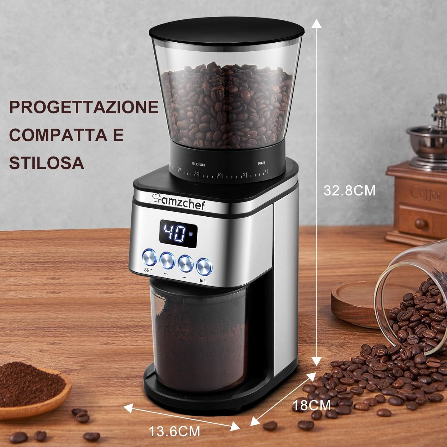 AMZCHEF Macinacaffè elettrico regolabile con 30 livelli di macinacaffè elettrico per macchina da caffè professionale, con display LCD e timer digitale