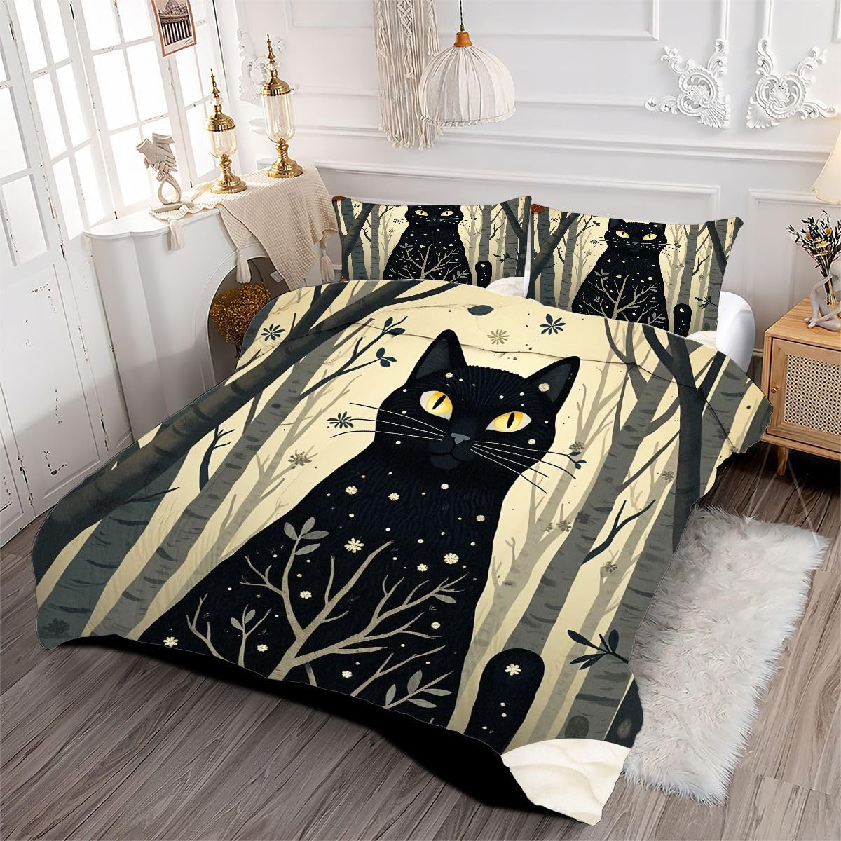 Edredón Nordica Cama 150-220x240 cm Gato Negro de Dibujos Animados, 3 Piezas Juego de Ropa para Adultos, 3D Edredón de Microfibra y 2 Funda de Almohada (220 x 240-50 x 75)