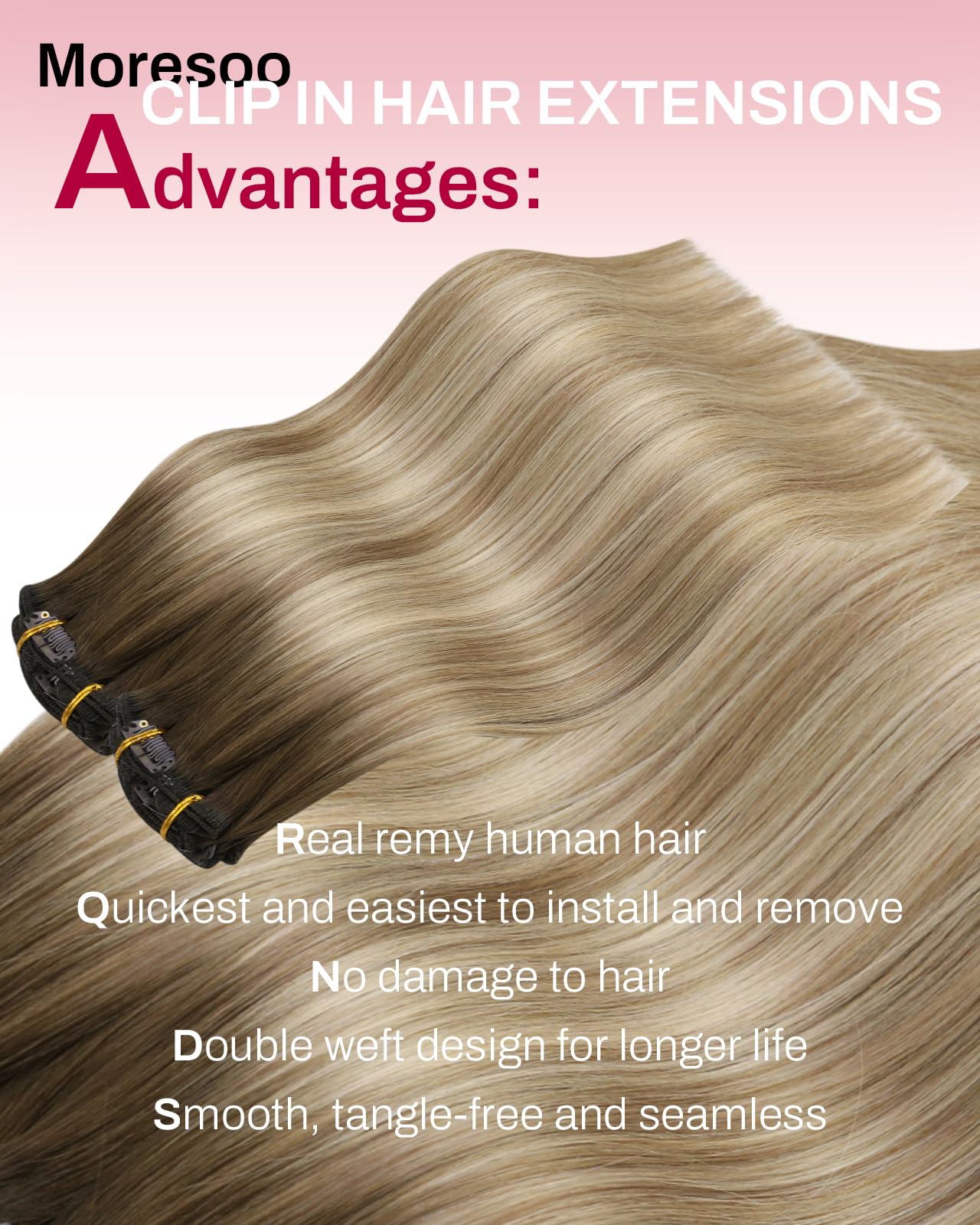 Moresoo Extensiones de Clip Pelo Natural Remy Brown Balayage 45 cm 120g | Brillo Natural, Mezcla Imperceptible, Estilo de Salón en Casa, Sin Daños para tu Cabello, Transpirable y Ligero