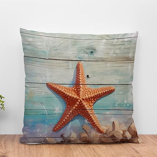 WoGuangis Fundas de almohada de playa, estilo vintage, vida marina, estrella de mar, cojín náutico, para playa, acuarela, océano, náutico, costero,