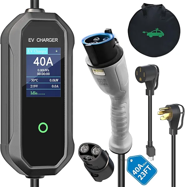 40 Amp Level 2 / Level 1 Portable EV Charger Station for SAE J1772 EV Cars (240 Volt, 23ft Cable), FCC and UL Certified, with NEMA 14-50 plug and 5-15 to 6-20 plug options and J1772 to Tesla adapter