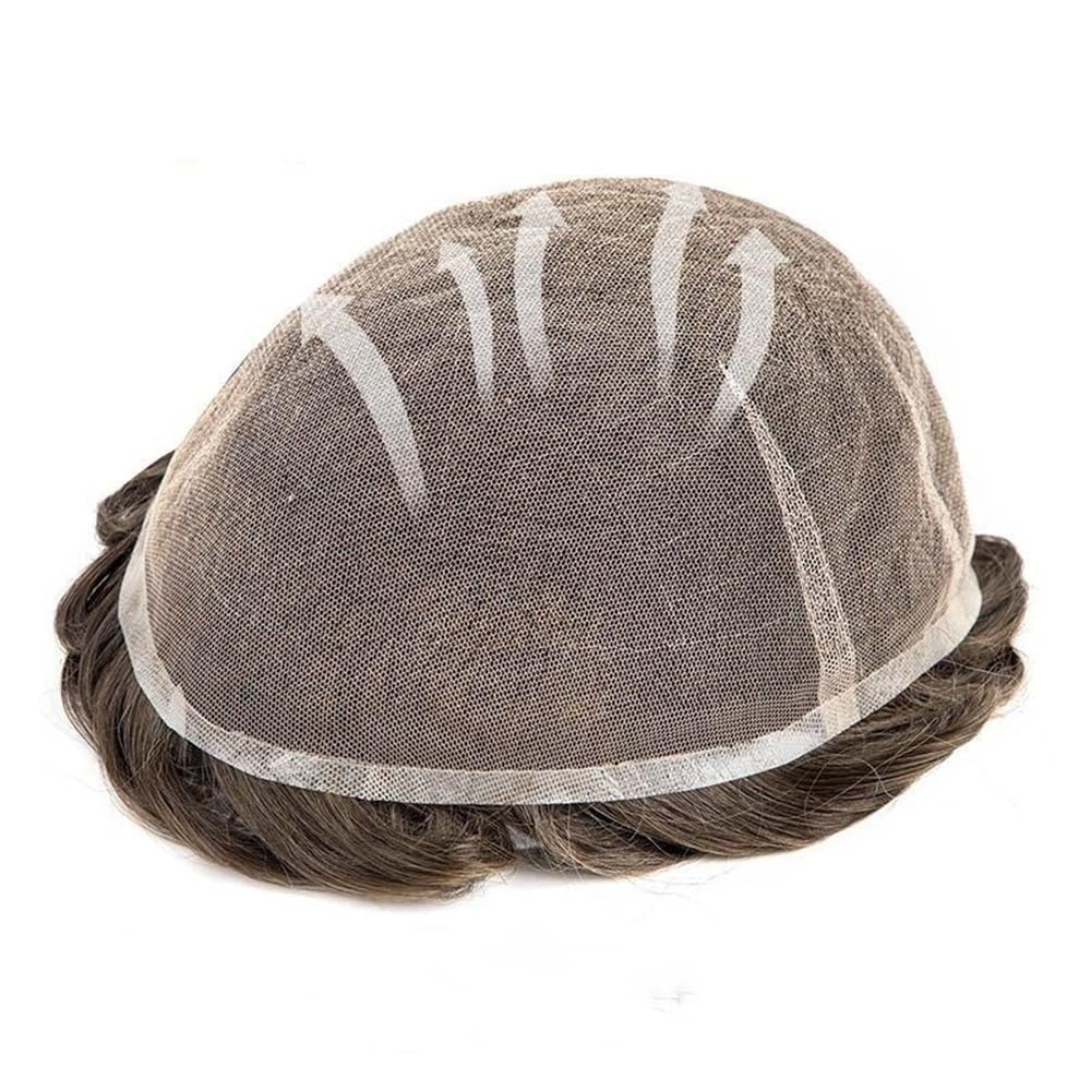 Men's Toupee Sistema di capelli umani da 6 pollici, toupet traspirante in pizzo completo for uomo, n. 5, parrucche da uomo marroni