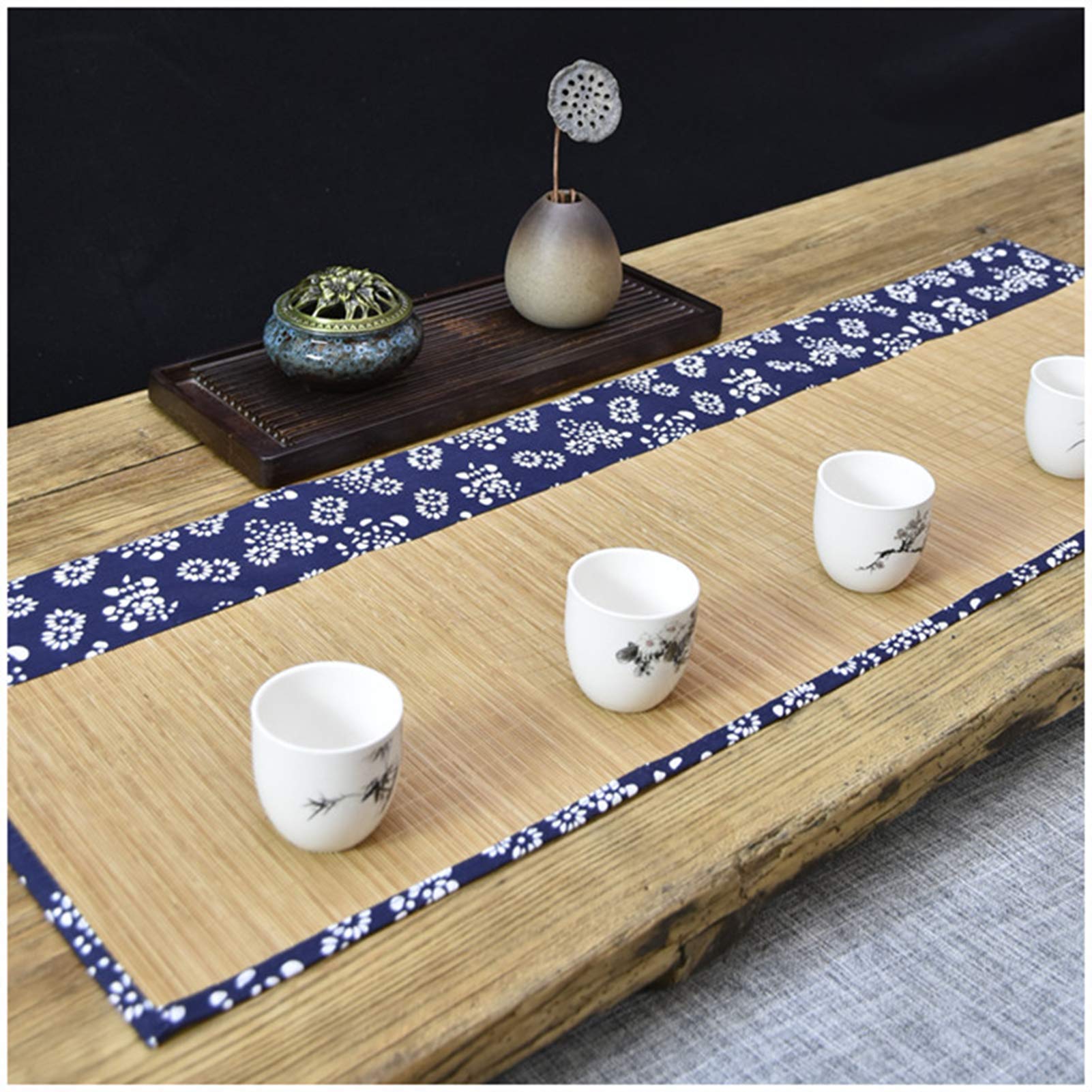 Camino de Mesa Estilo Granja, Mantel Tejido a Mano de Tela Floral Azul de Seda de bambú, Mantel Individual de Aislamiento Antideslizante para tapetes Largos de Comedor, Accesorios
