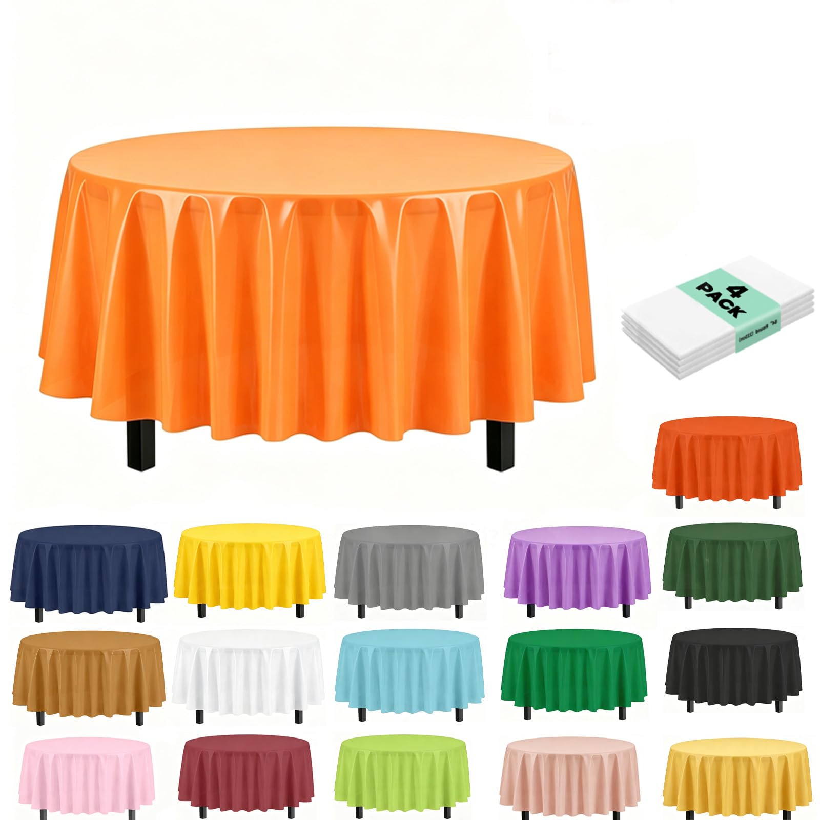 4Pack Plastic Orange Party Tablecloths for Round Table, 84 inch Large Round Disposable Table Cover for Party, Decorative Paper Tablecloth Bulk for Picnic, Baby Shower, Wedding, Birthday, Christmas
