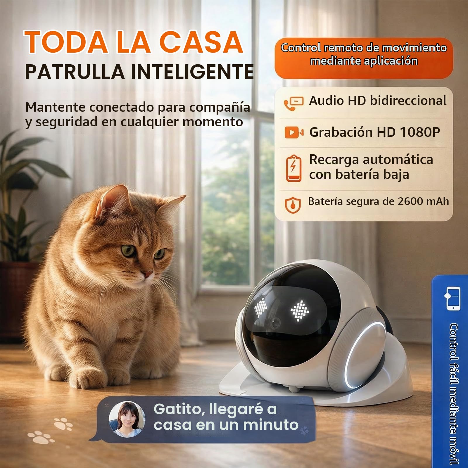 Denash Robot de la Cámara sobre Ruedas, Cámara de Mascota Móvil de 1080p, Control de Aplicación Home Security CAM con Conversación de 2 Vías, Visión Nocturna,Detección de Movimiento