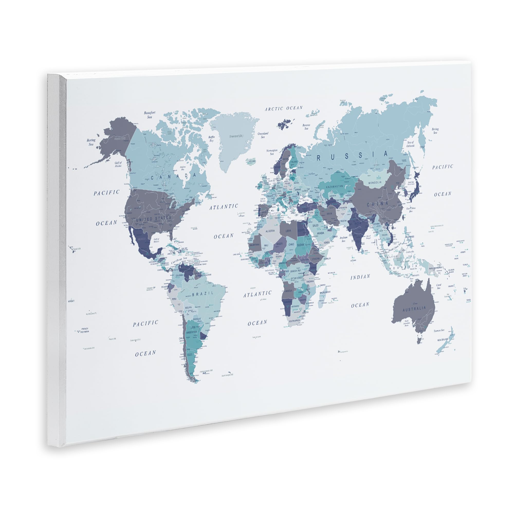 Stupell Industries Carte du monde avec étiquettes Régions bleues monochromatiques, conçue par Urban Epiphanie Plaque murale 13 x 19 cm