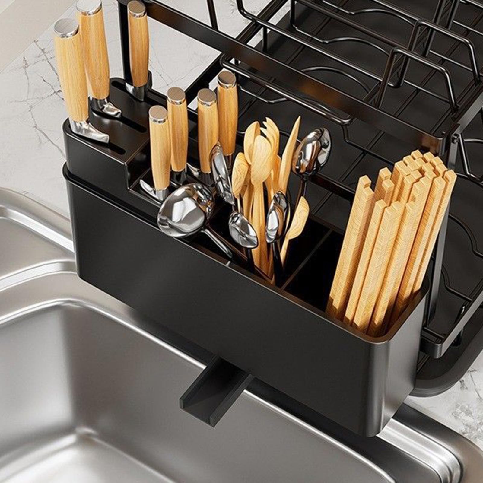 Secador de cocina - 2 niveles con soporte para utensilios y espacio de almacenamiento, escurridor para encimera de cocina, para organización del fregadero de casa, apartamento, residencia