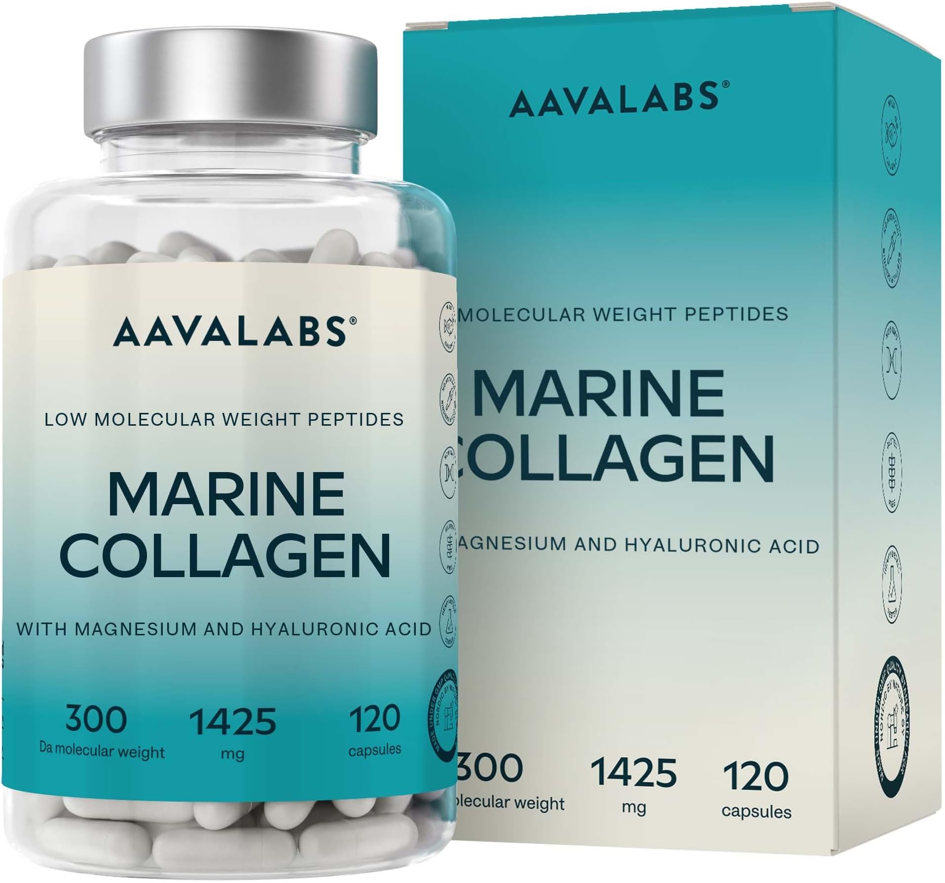 Marine Collagen Supplements for Women and Men (1425mg Per Serving) with Hyaluronic Acid & Magnesium - 120 Hydrolysed Marine Collagen Capsules - Low Molecular Weight Peptides