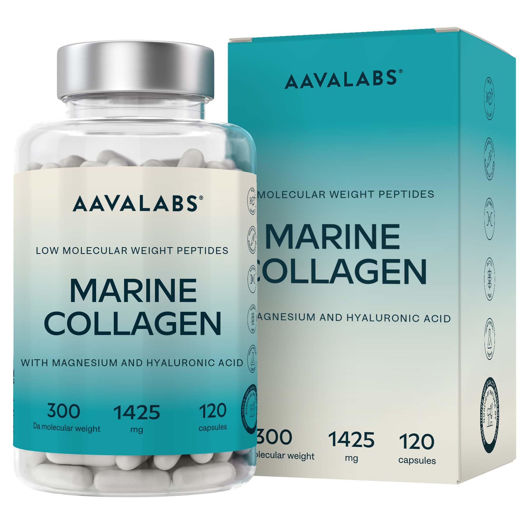 Marine Collagen Supplements for Women and Men (1425mg Per Serving) with Hyaluronic Acid & Magnesium - 120 Hydrolysed Marine Collagen Capsules - Low Molecular Weight Peptides