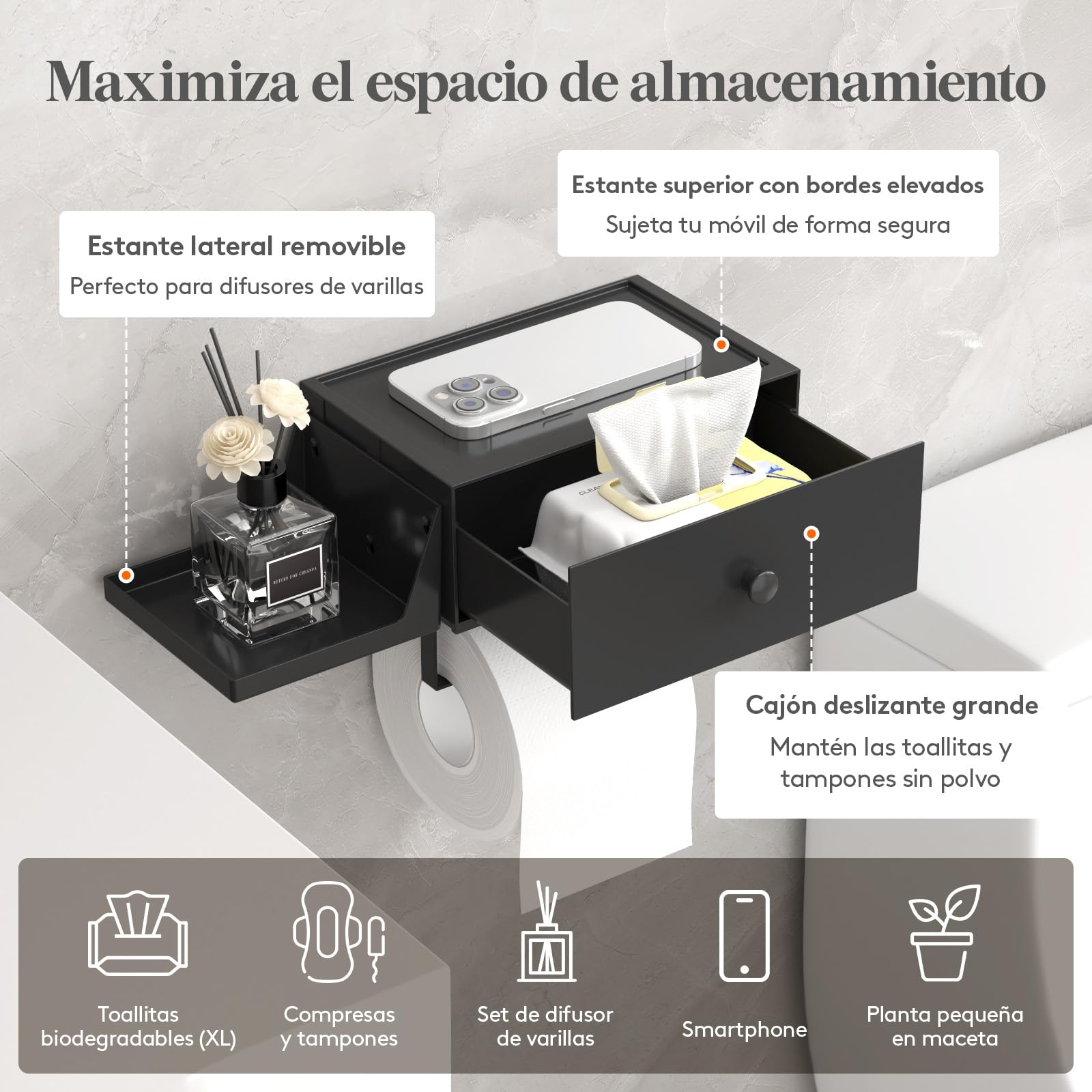 Lifewit Plástico Portarrollos con Estante y Cajón de Pared Atornillado o Adhesivo, Caja Dispensadora de Toallitas Húmedas para Baño, Resistente al Polvo y Apta para el Inodoro, Negro, 1 Paquete