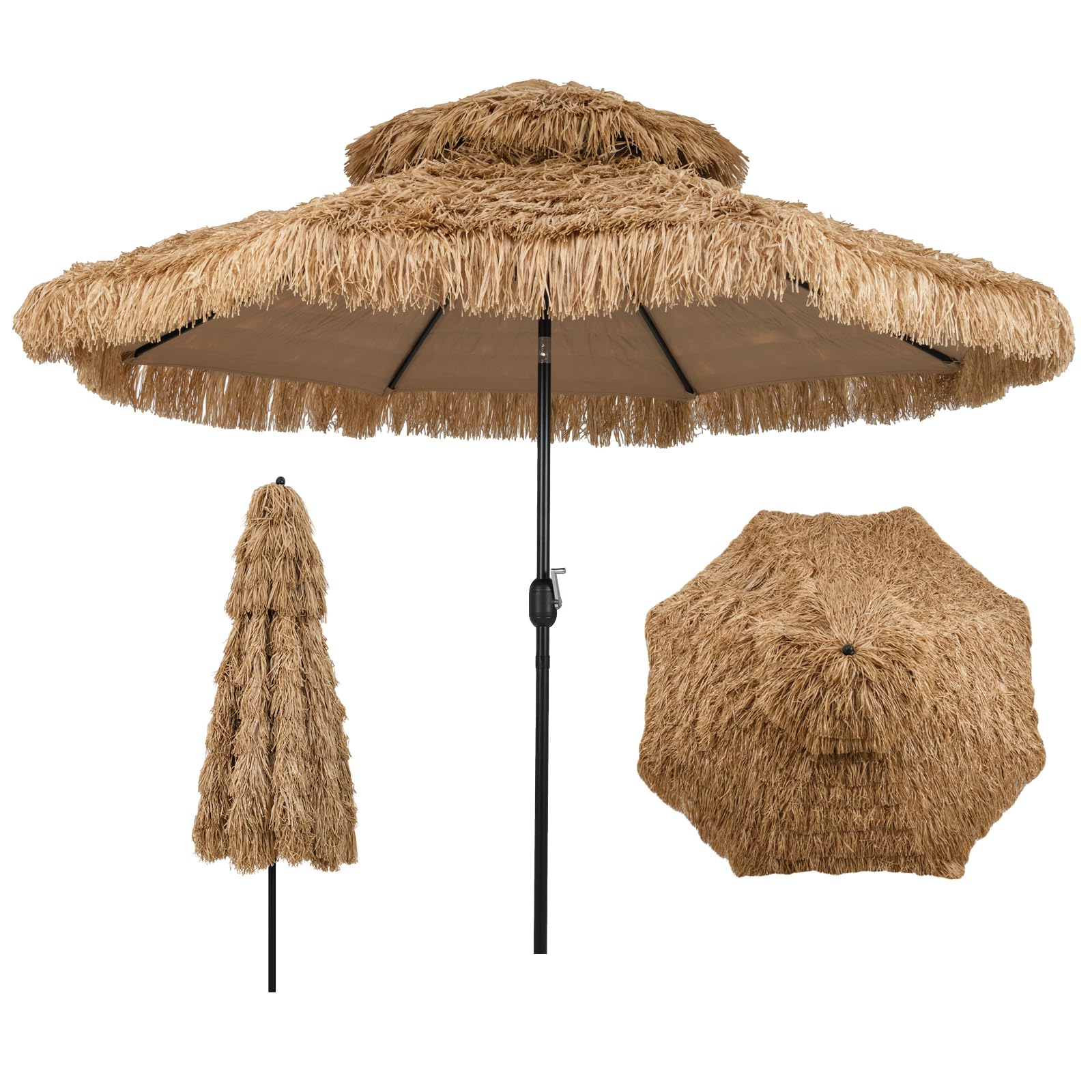 GYMAX Ombrellone Paglia PE 3x3 M, in a 12 Strati, Inclinazione 30° con Manovella Manuale, Tettoia Ventilata, 8 Costole, Stile Hawaiano, per Piscina, Patio, Spiaggia, Giardino