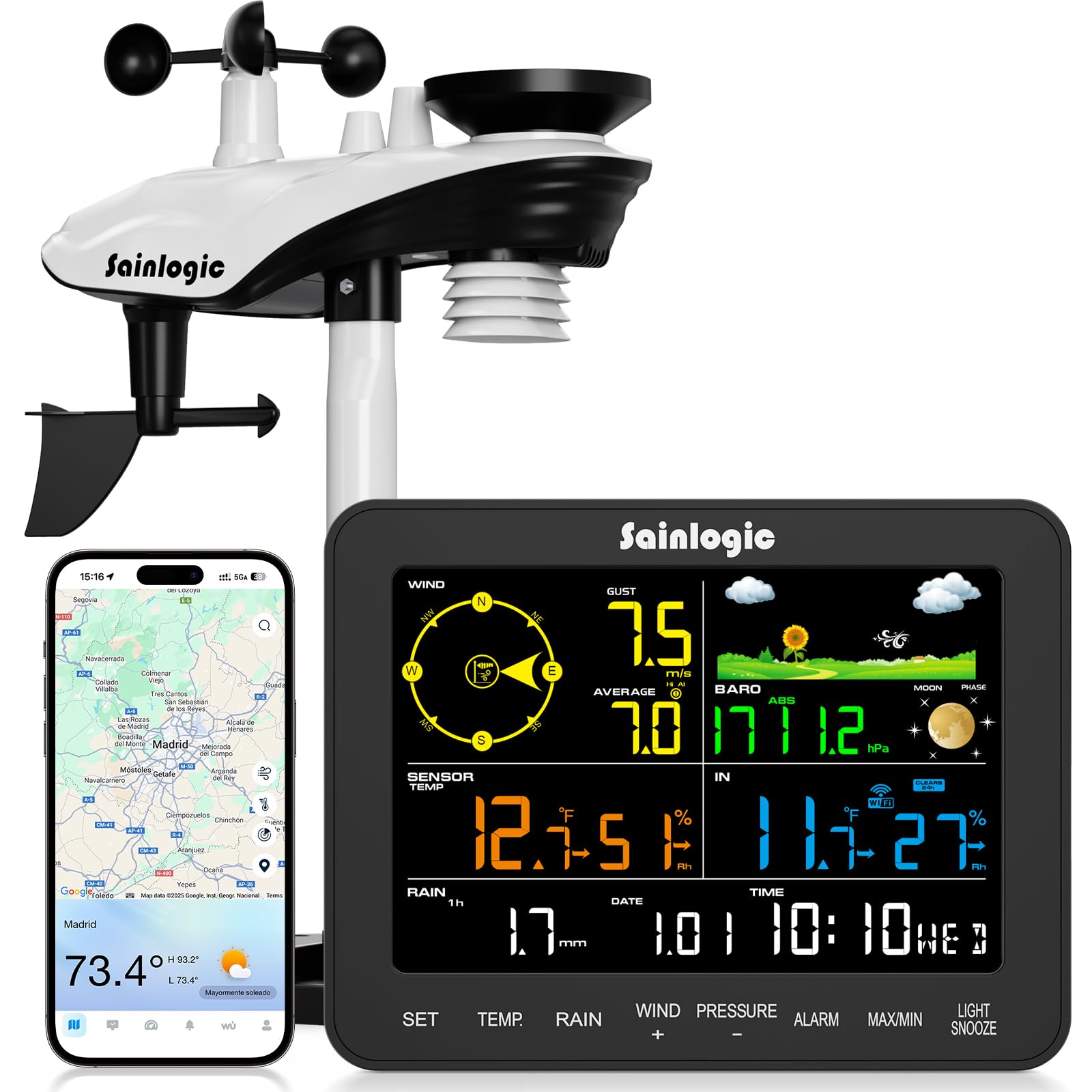 Sainlogic WiFi Smart Weather Station SA9 with 24H/ 7Days Accurate Weather Forecast by Weatherseed® AI, 8.5' Large Display,UV,Sun Light,Rain Gauge,Wind Gauge,2-Year Data Storage & Export（Only 2.4G） Negro