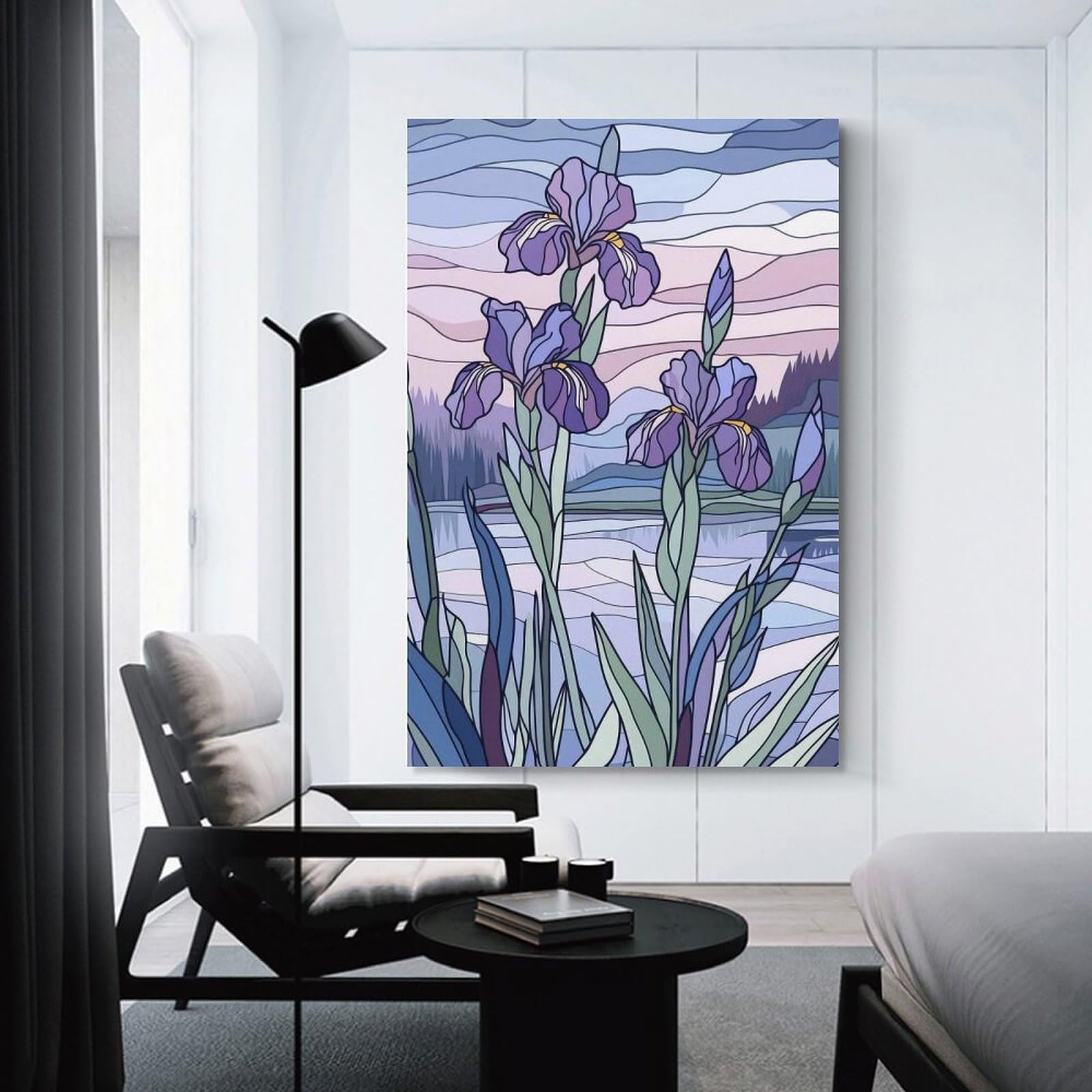 Junmoney Purple Irises Landscape Wall Art Print 20x30inch(50x75cm), for Lounge, Study, Hallway Or Flat Walls, Decorative Artwork with Broad Appeal