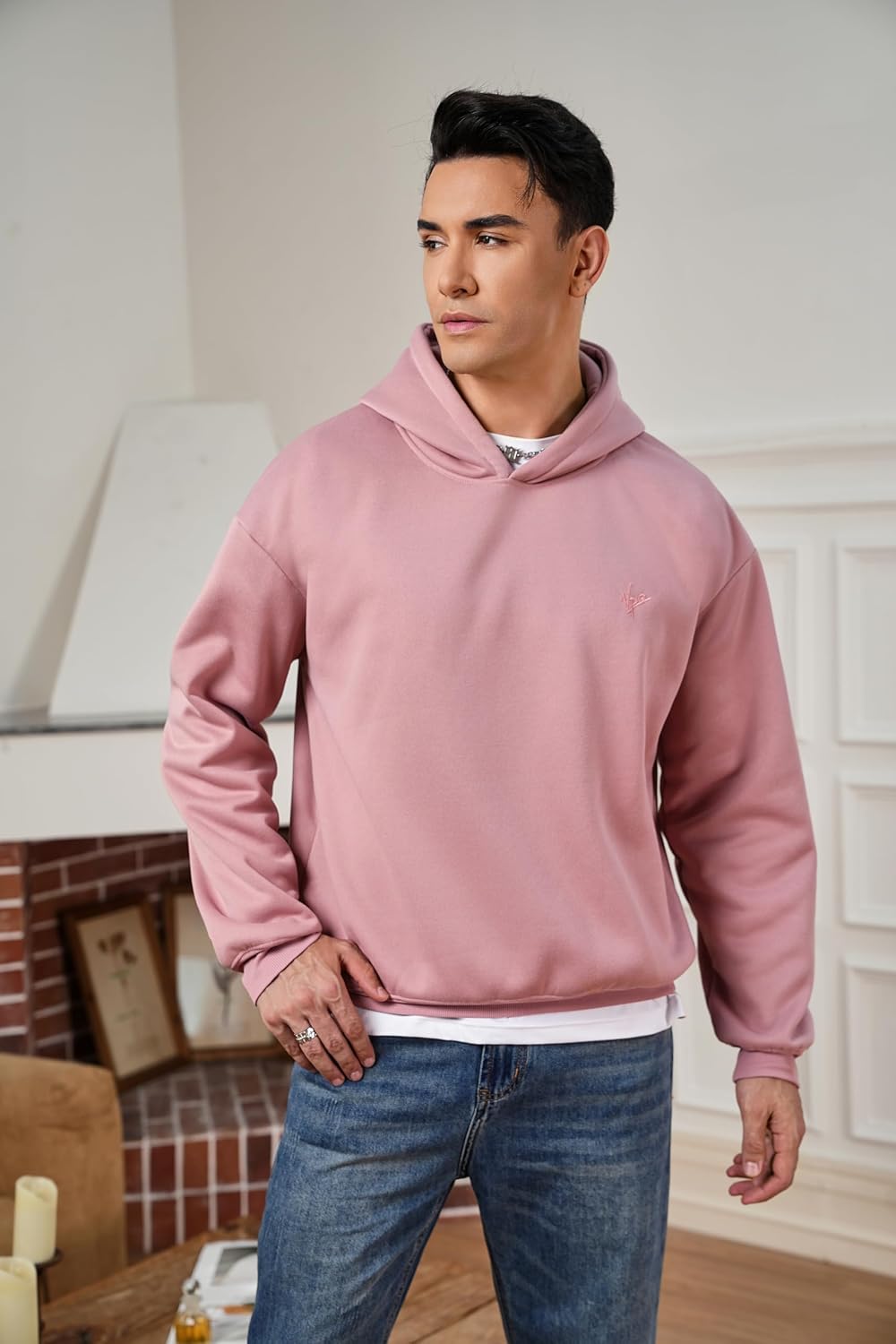 VPG Pink Hoodie for Men, Plain Long Sleeve mens sweatshirt Fleece Pullover Workout Hooded Sweatshirt - Image 3