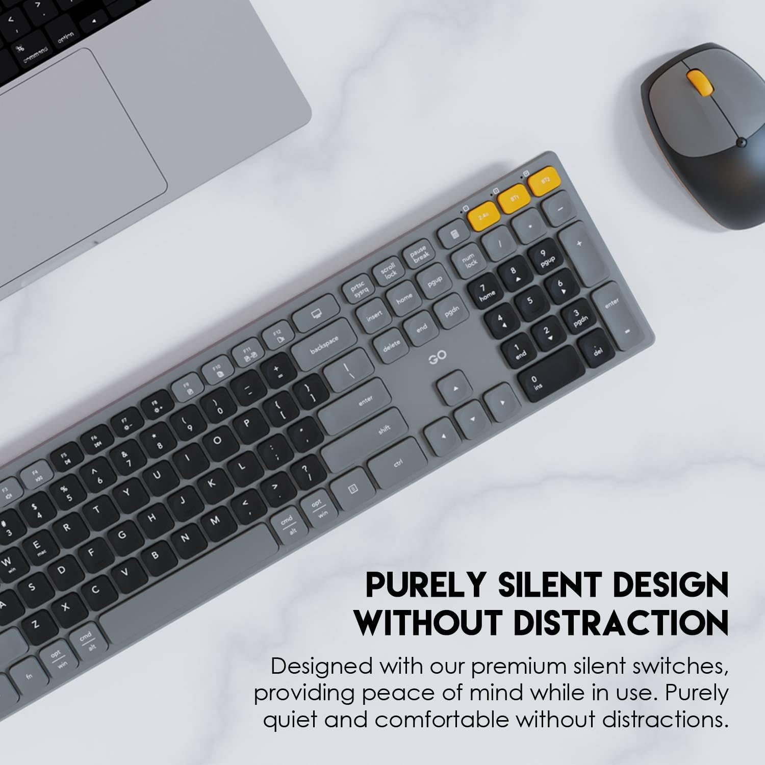 Image showing a close-up of the FANTECH WK895 keyboard and mouse, emphasizing its purely silent design.