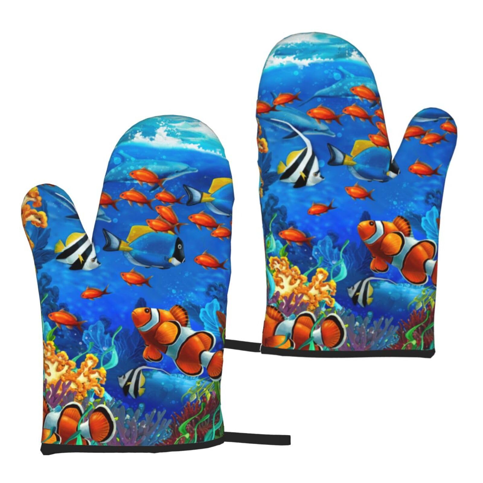 Ocean Tropical Fish Coral Undersea World Print Heat Resistant Universal Fit Oven Microwave Gloves Home Cooking Baking Grilling