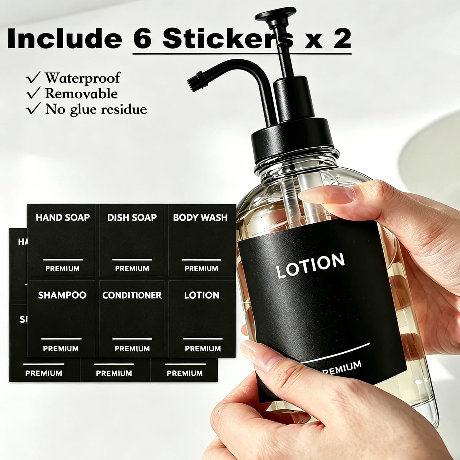Dish Soap Dispenser for Kitchen, Hand Glass Soap Dispenser Set with Pump, Tray, Funnel for Bathroom, Shower, Laundry, Liquid, Lotion (Black 2 Pack 18 Oz Clear Bottles with 12 Stickers) image 5