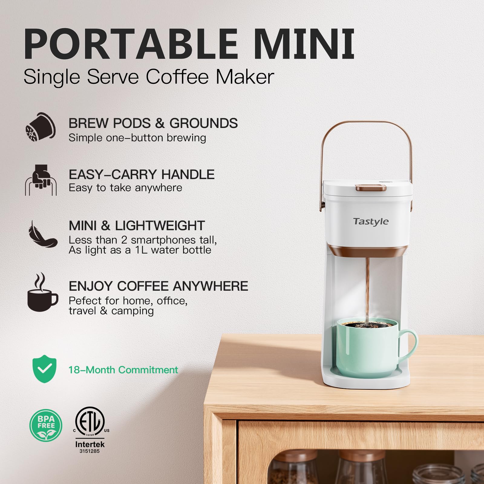 Tastyle Caffettiera a tazza singola per capsule K Cups e caffè macinato, mini macchina da caffè con manico portatile, dimensioni di preparazione da 6 a 12 once, per viaggi, campeggio, ufficio, camper