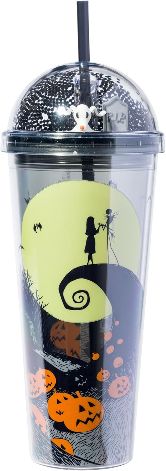 Silver Buffalo Disney Tim Burton Nightmare Before Christmas Moon Scene Featuring Jack Skellington, Sally, and Zero Dome Glitter Top Travel Tumbler, 24 Ounces
