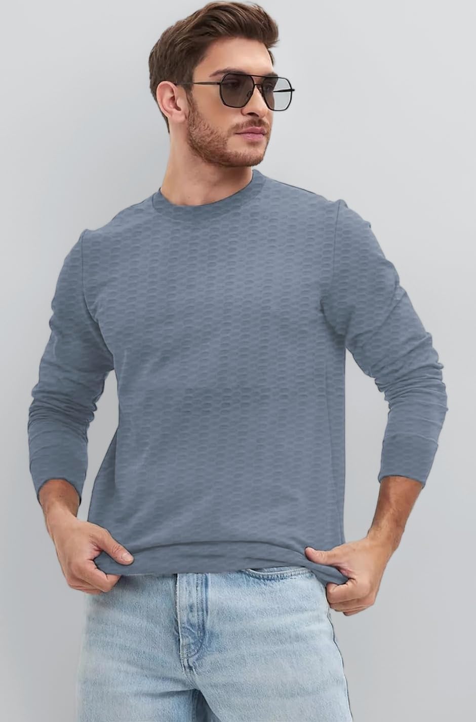 LEOTUDE Men's Regular Fit Cottonblend Full Sleeve Textured Solid T-Shirt for Men (Color Grey)