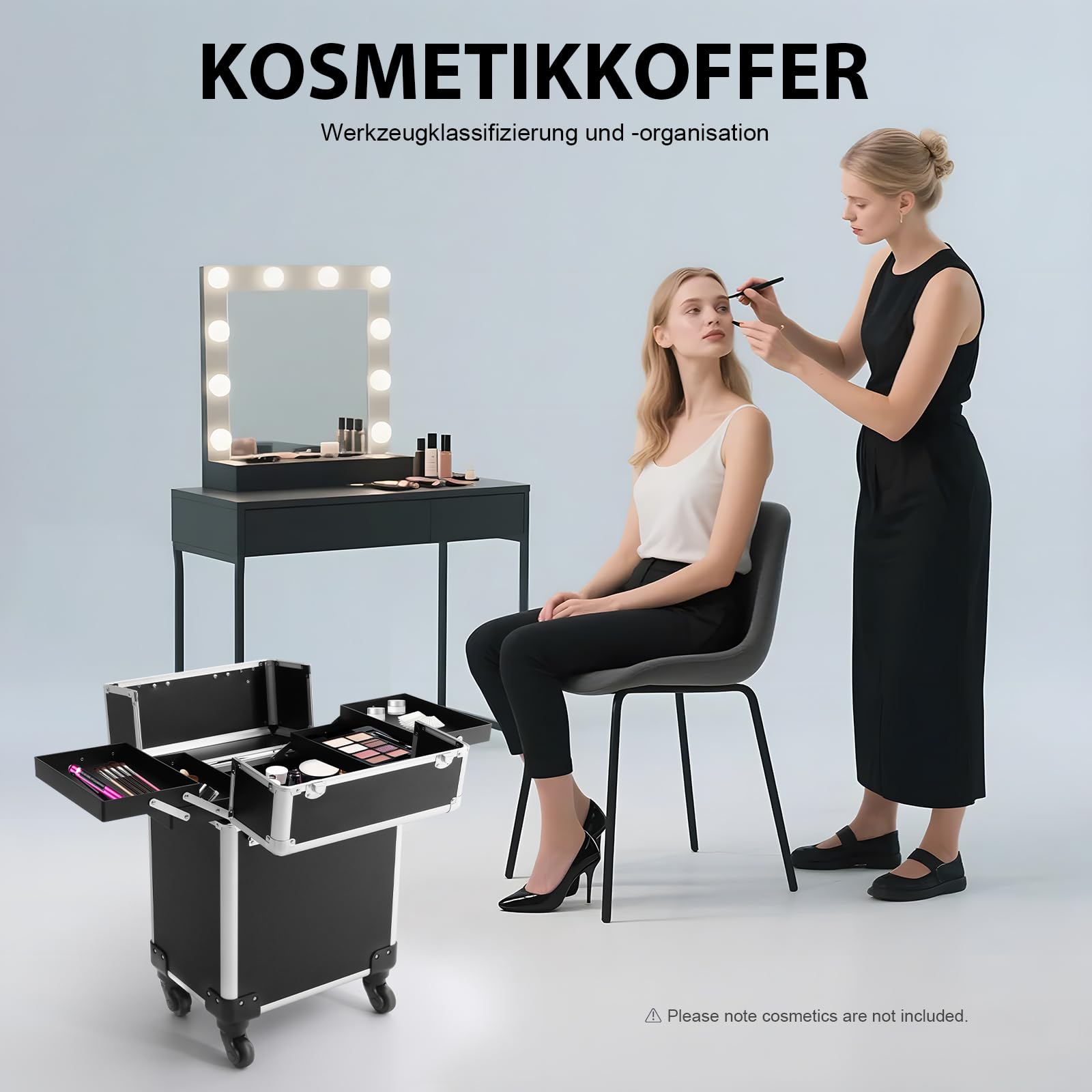Kosmetikkoffer Trolley,Hartschale Schminkkoffer für Damen mit Rollen, Alu Beauty Case Nagelkoffer Multikoffer, Großer Stauraum & Robuste Konstruktion 34x24x47cm Schwarz